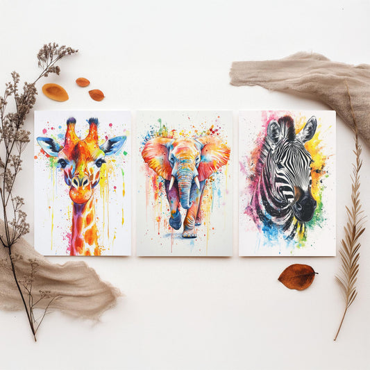 Safari Animals Set of Three Art Prints - 3 Rainbow Giraffe Elephant Zebra Watercolour Posters - Colourful Nursery Wall Decor Gift