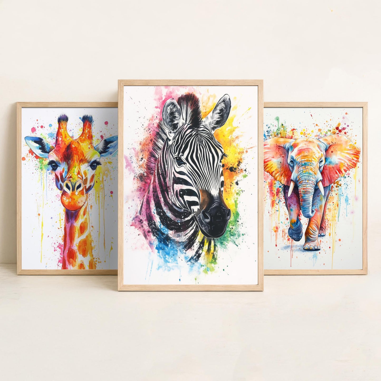 Safari Animals Set of Three Art Prints - 3 Rainbow Giraffe Elephant Zebra Watercolour Posters - Colourful Nursery Wall Decor Gift