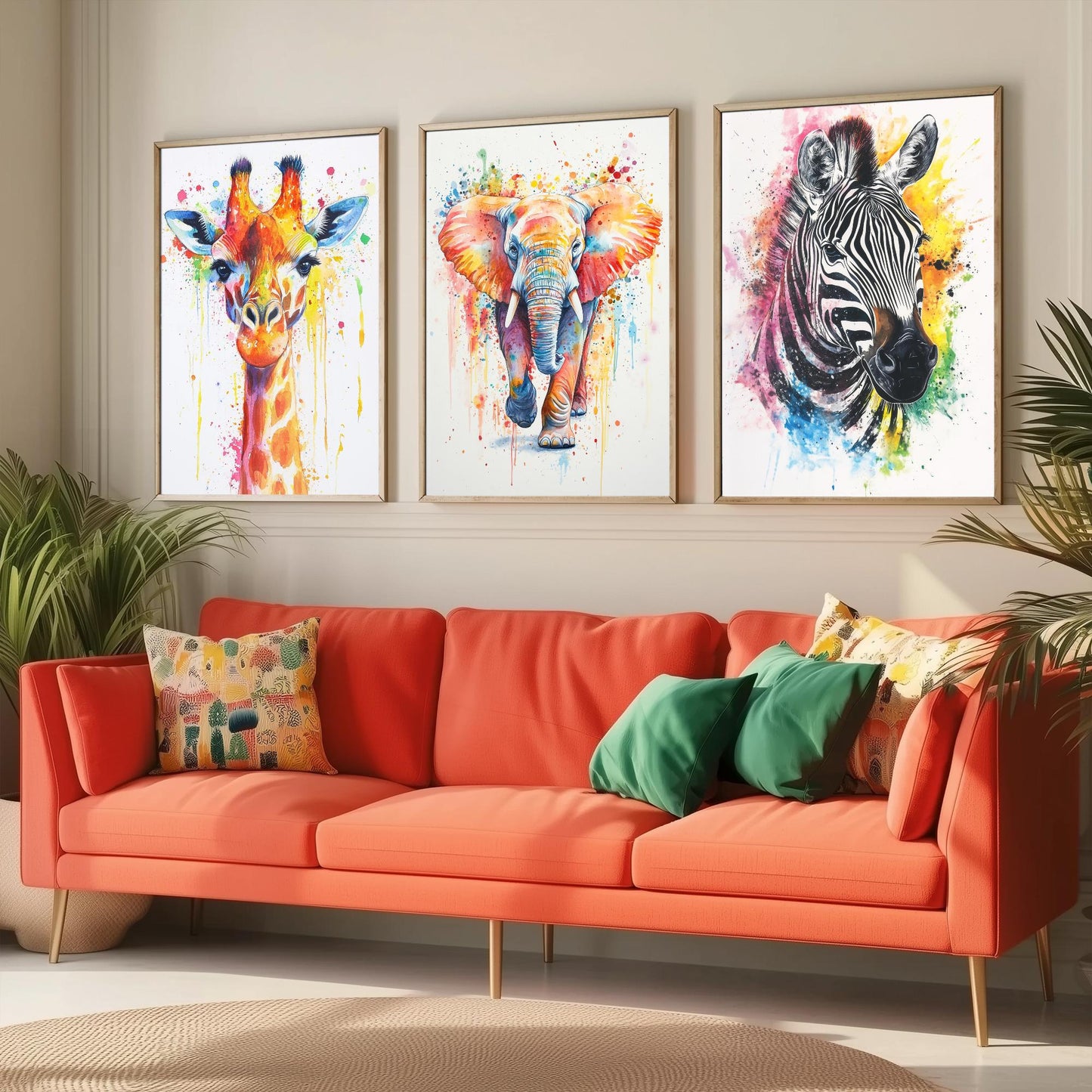Safari Animals Set of Three Art Prints - 3 Rainbow Giraffe Elephant Zebra Watercolour Posters - Colourful Nursery Wall Decor Gift