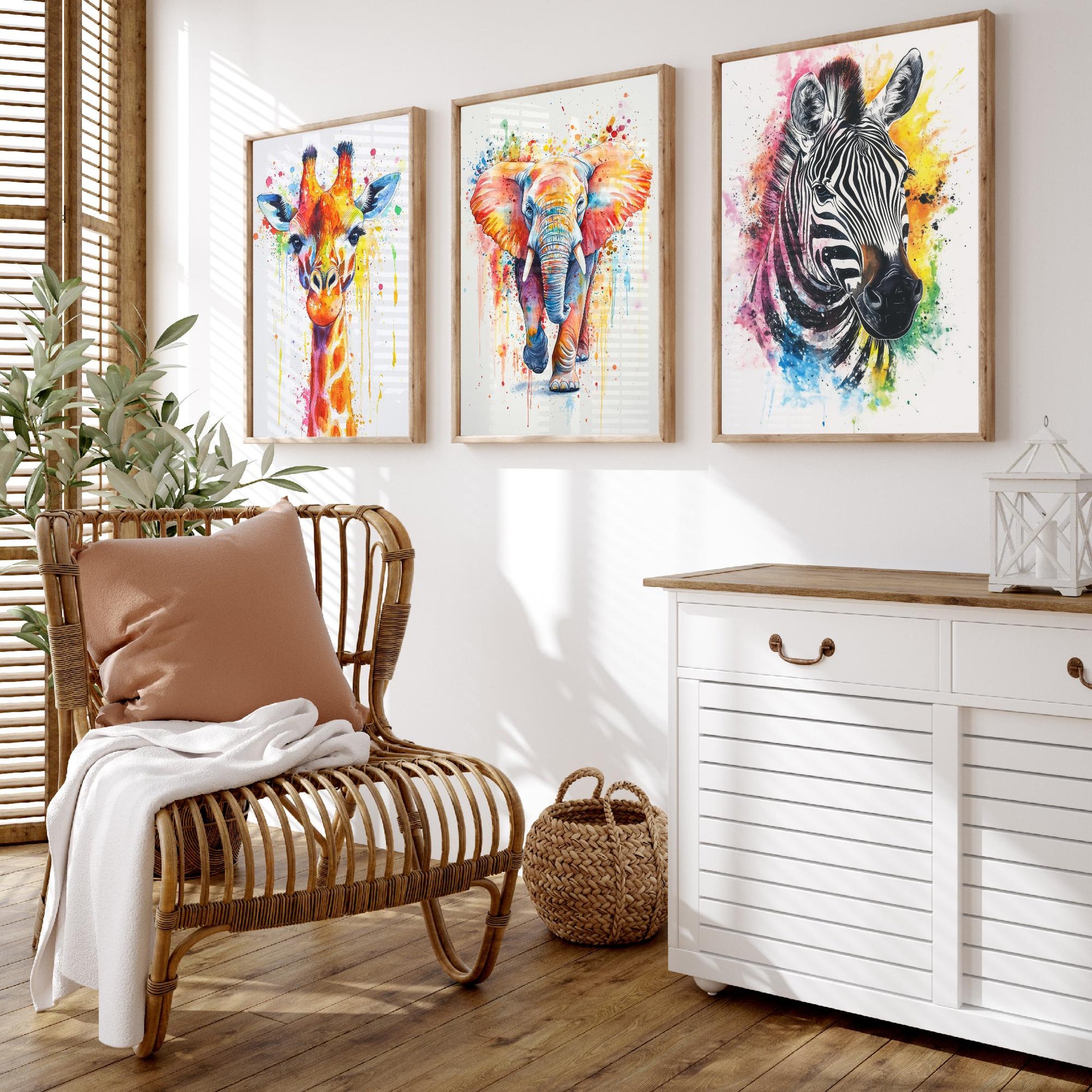 Safari Animals Set of Three Art Prints - 3 Rainbow Giraffe Elephant Zebra Watercolour Posters - Colourful Nursery Wall Decor Gift