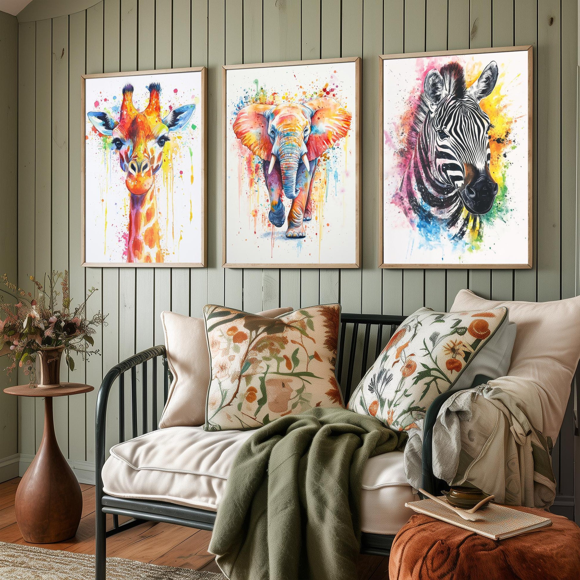 Safari Animals Set of Three Art Prints - 3 Rainbow Giraffe Elephant Zebra Watercolour Posters - Colourful Nursery Wall Decor Gift