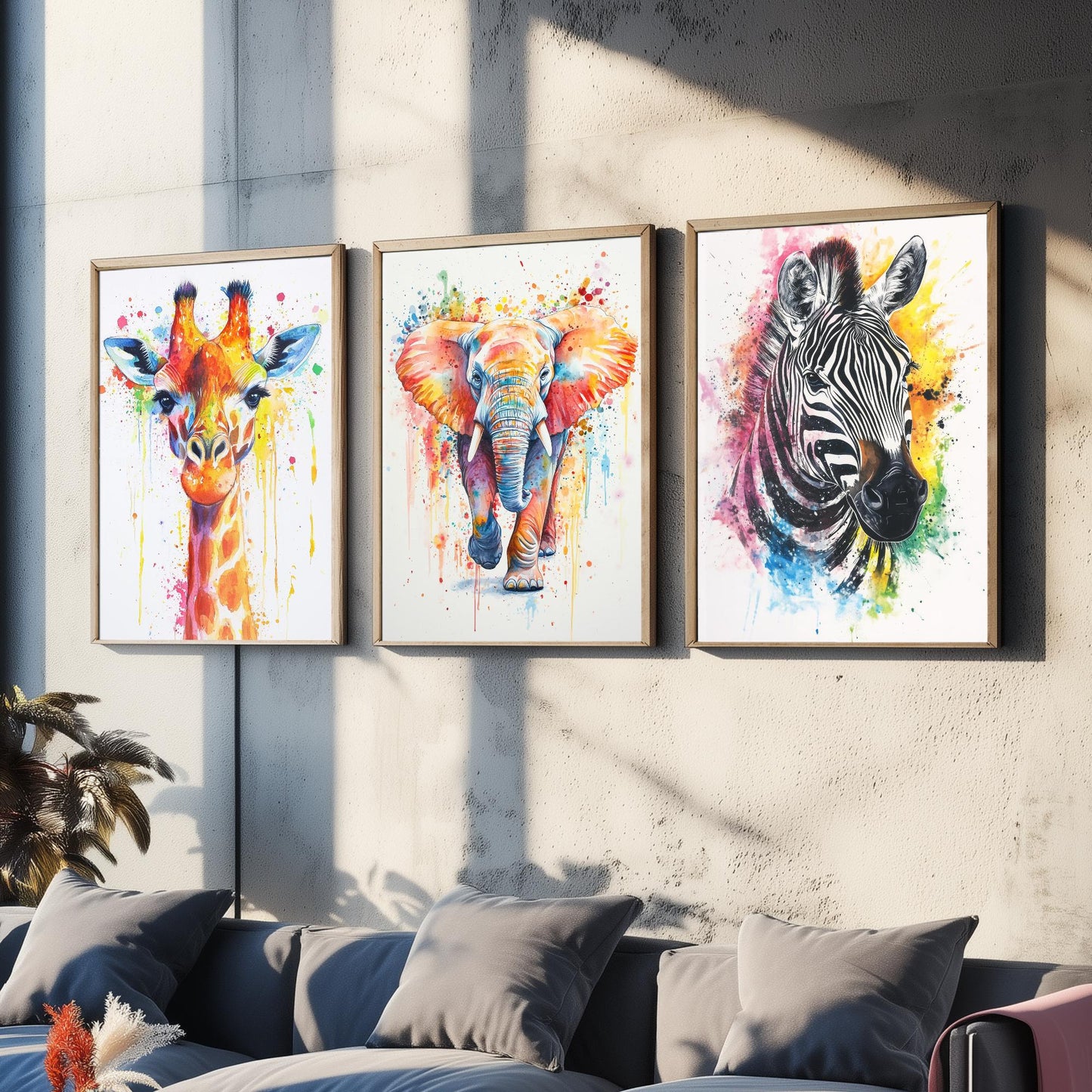 Safari Animals Set of Three Art Prints - 3 Rainbow Giraffe Elephant Zebra Watercolour Posters - Colourful Nursery Wall Decor Gift