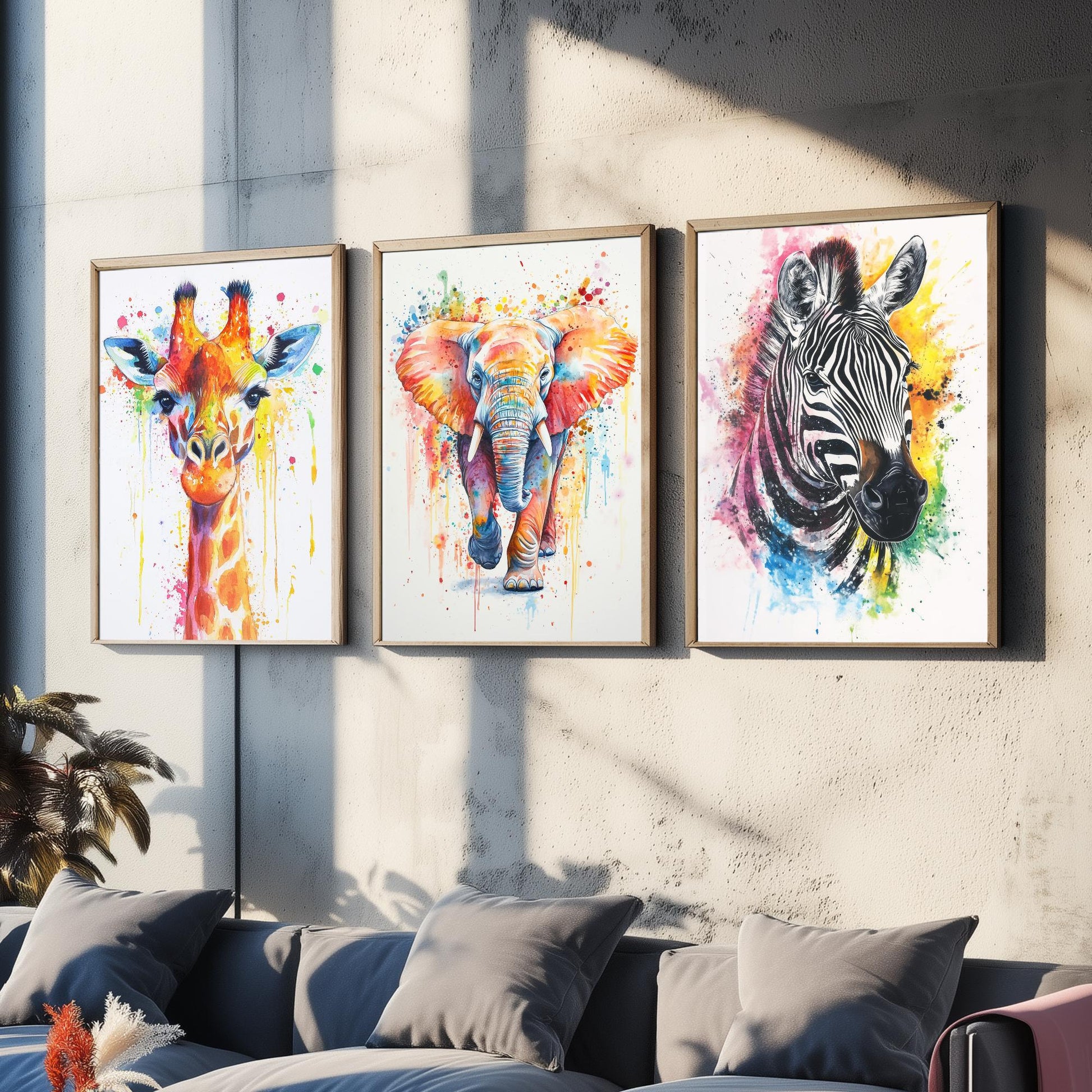 Safari Animals Set of Three Art Prints - 3 Rainbow Giraffe Elephant Zebra Watercolour Posters - Colourful Nursery Wall Decor Gift