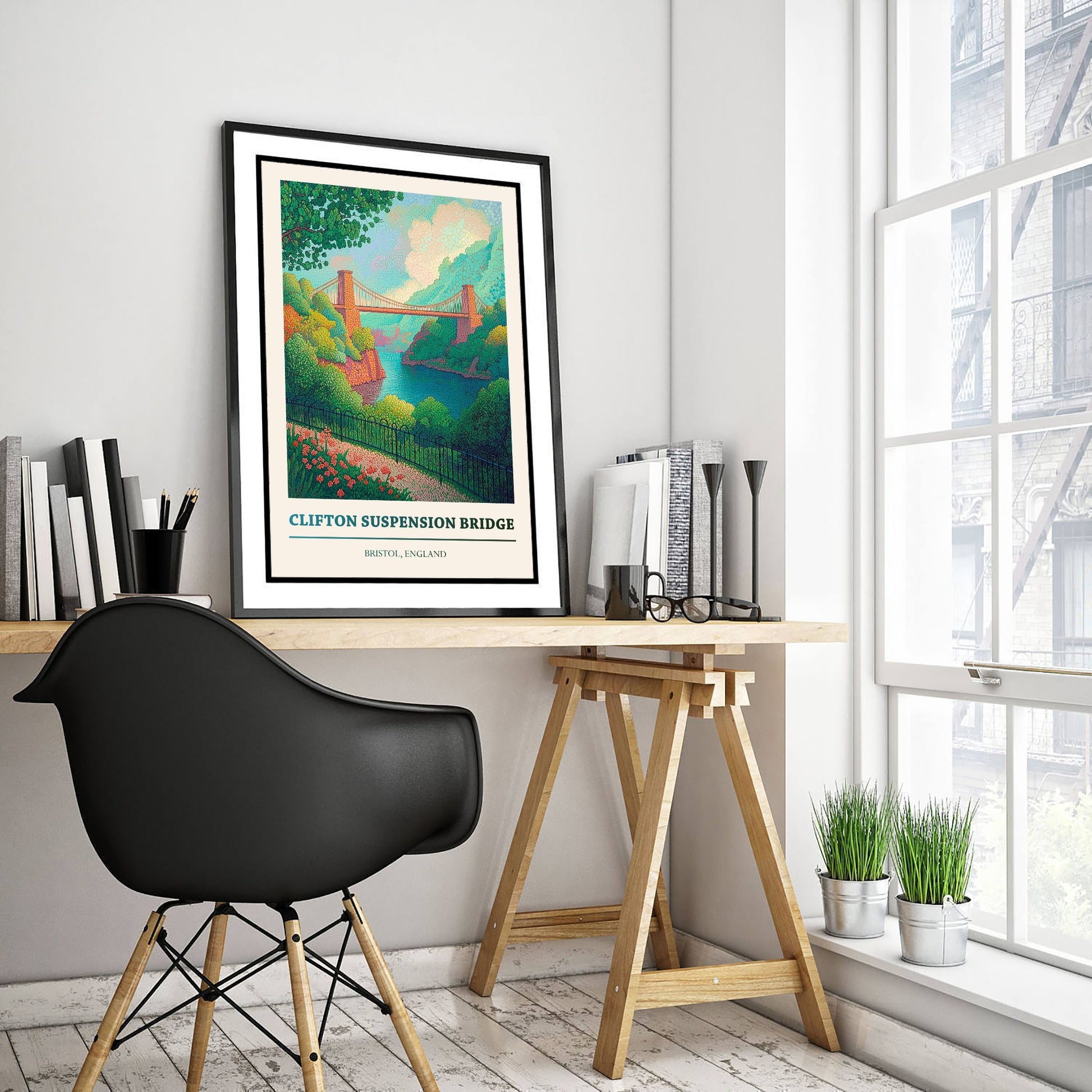 Clifton Suspension Bridge Travel Poster - Bristol England Art Print - Pointillist Painting - Brunel Bridge 1/3