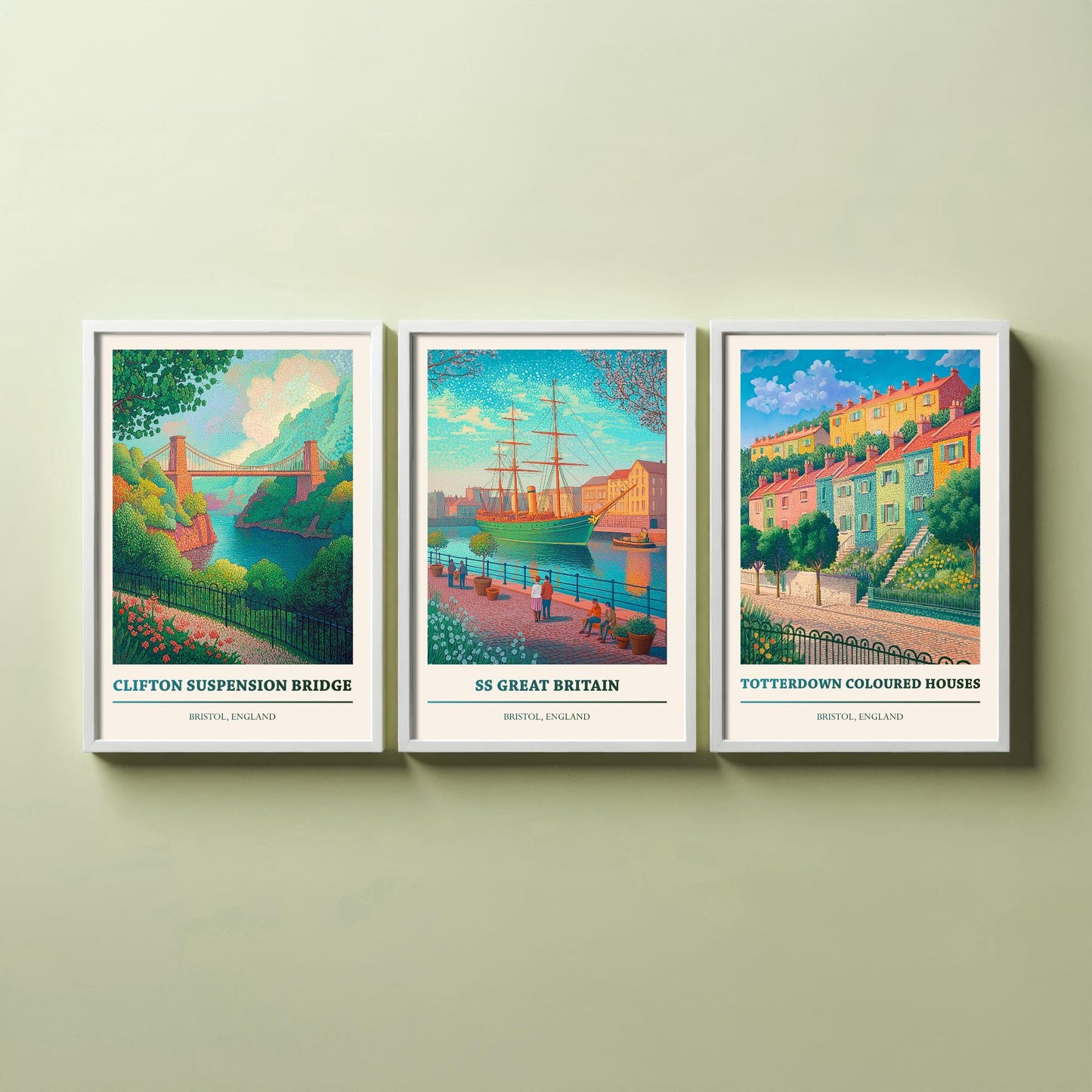 Bristol England Set of Three Prints | Clifton Suspension Bridge SS Great Britain Totterdown | Colourful Travel Painting Poster Art