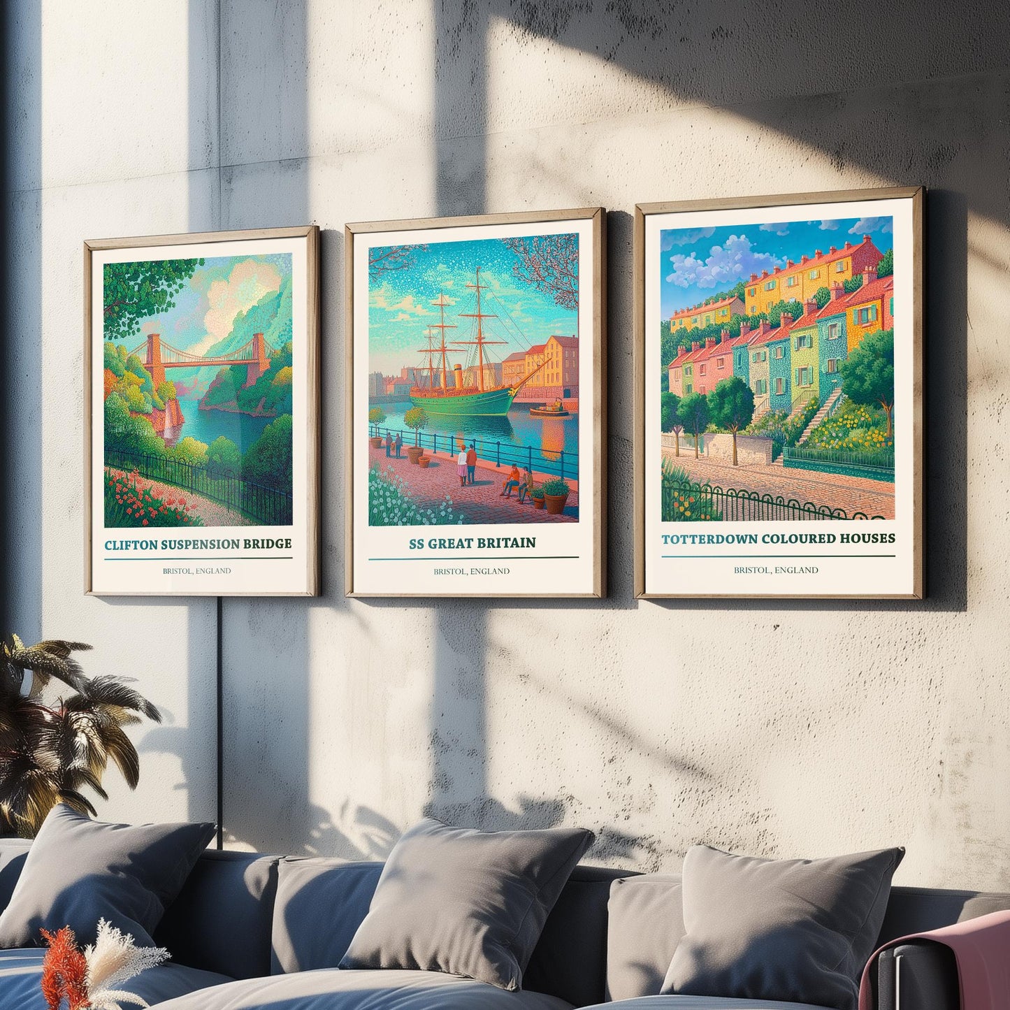 Bristol England Set of Three Prints | Clifton Suspension Bridge SS Great Britain Totterdown | Colourful Travel Painting Poster Art
