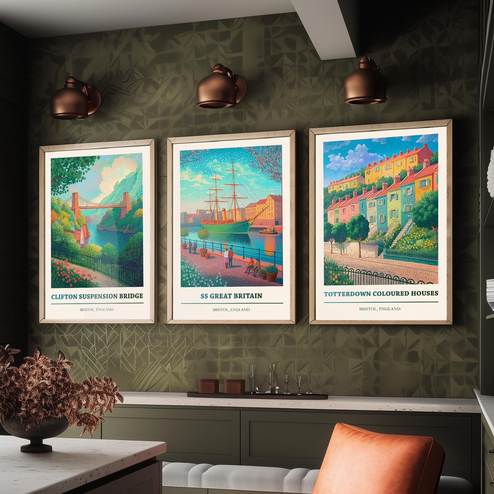 Bristol England Set of Three Prints | Clifton Suspension Bridge SS Great Britain Totterdown | Colourful Travel Painting Poster Art