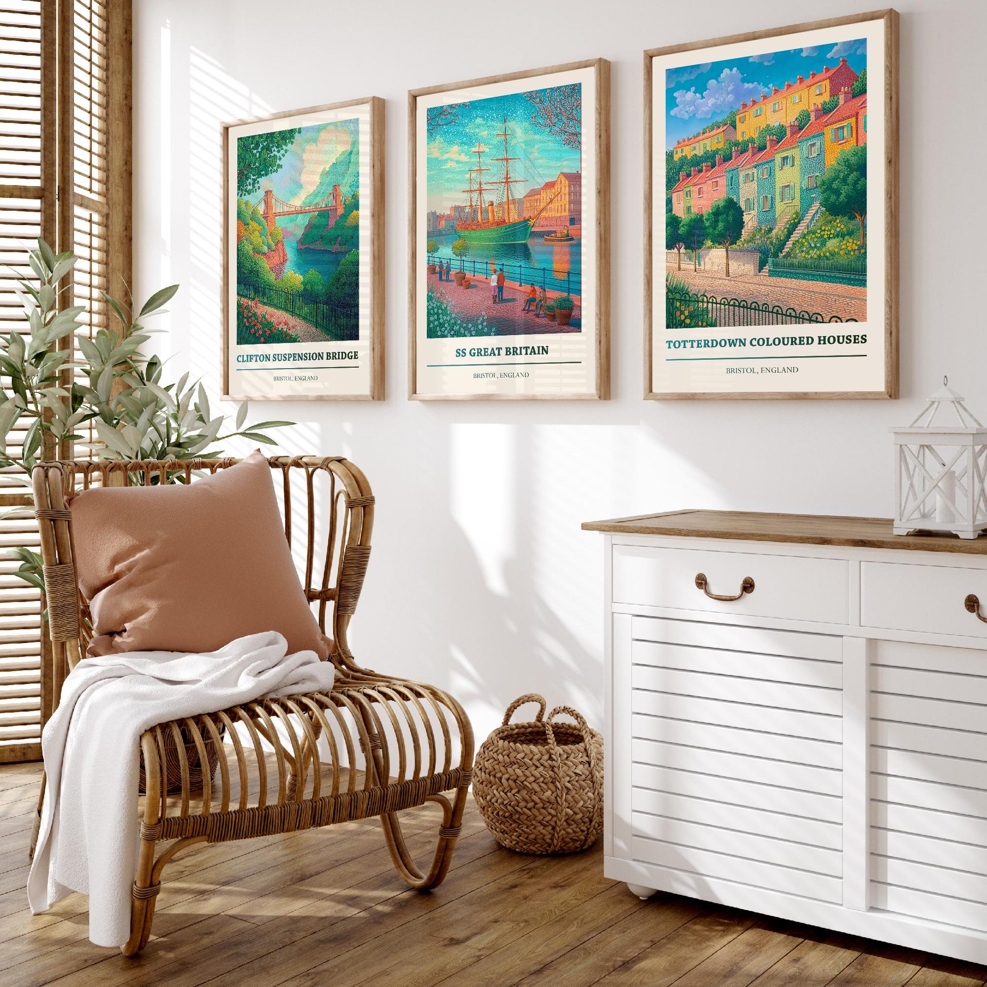 Bristol England Set of Three Prints | Clifton Suspension Bridge SS Great Britain Totterdown | Colourful Travel Painting Poster Art
