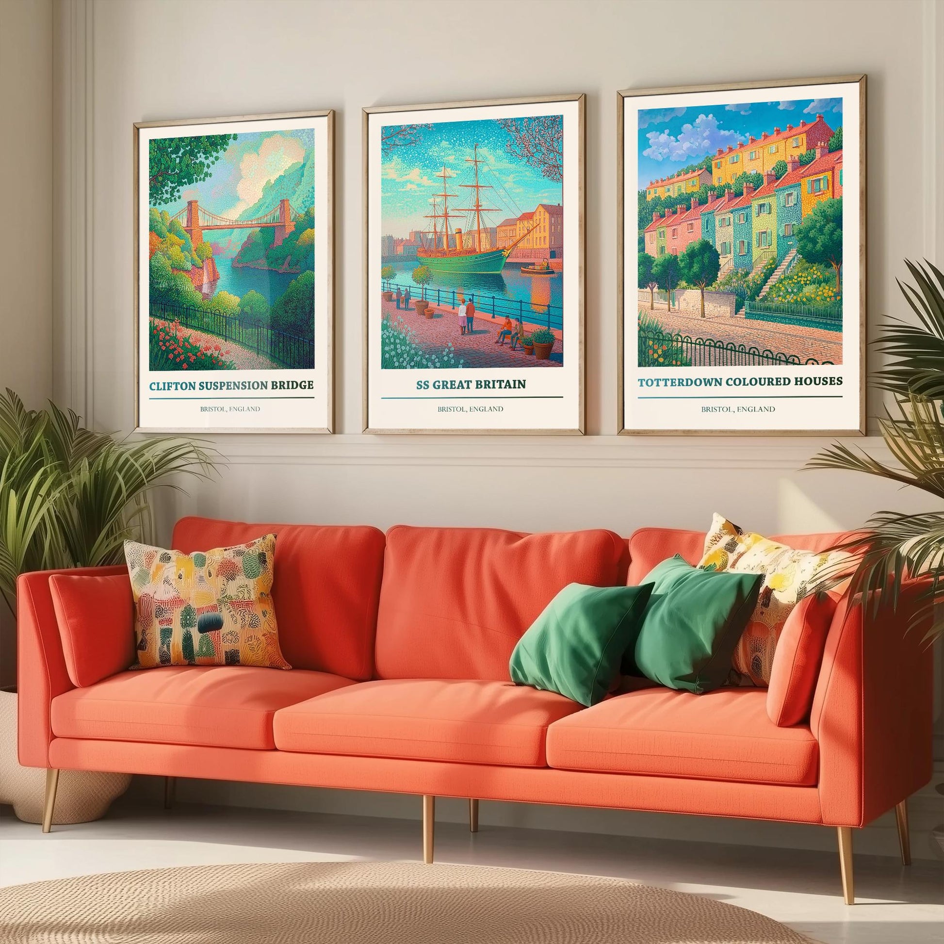 Bristol England Set of Three Prints | Clifton Suspension Bridge SS Great Britain Totterdown | Colourful Travel Painting Poster Art