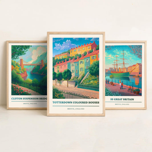 Bristol England Set of Three Prints | Clifton Suspension Bridge SS Great Britain Totterdown | Colourful Travel Painting Poster Art