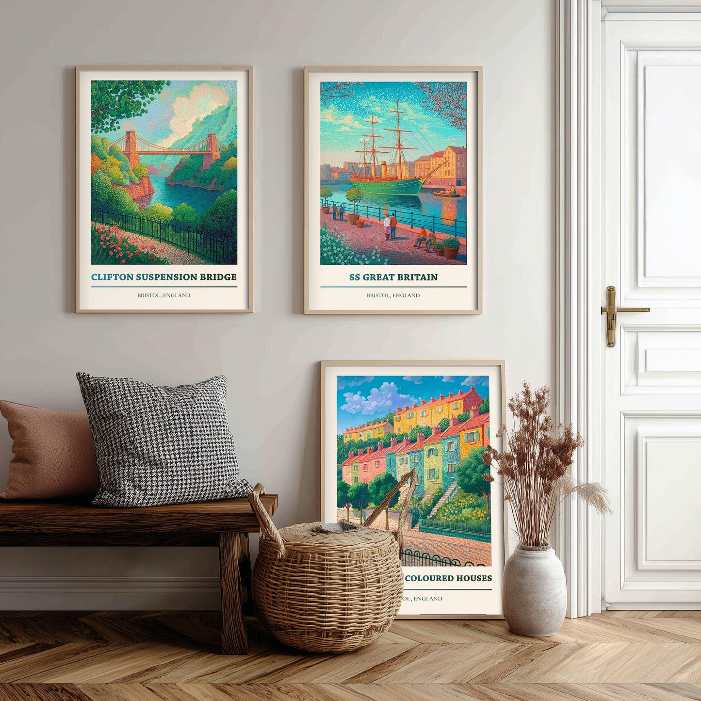 Bristol England Set of Three Prints | Clifton Suspension Bridge SS Great Britain Totterdown | Colourful Travel Painting Poster Art