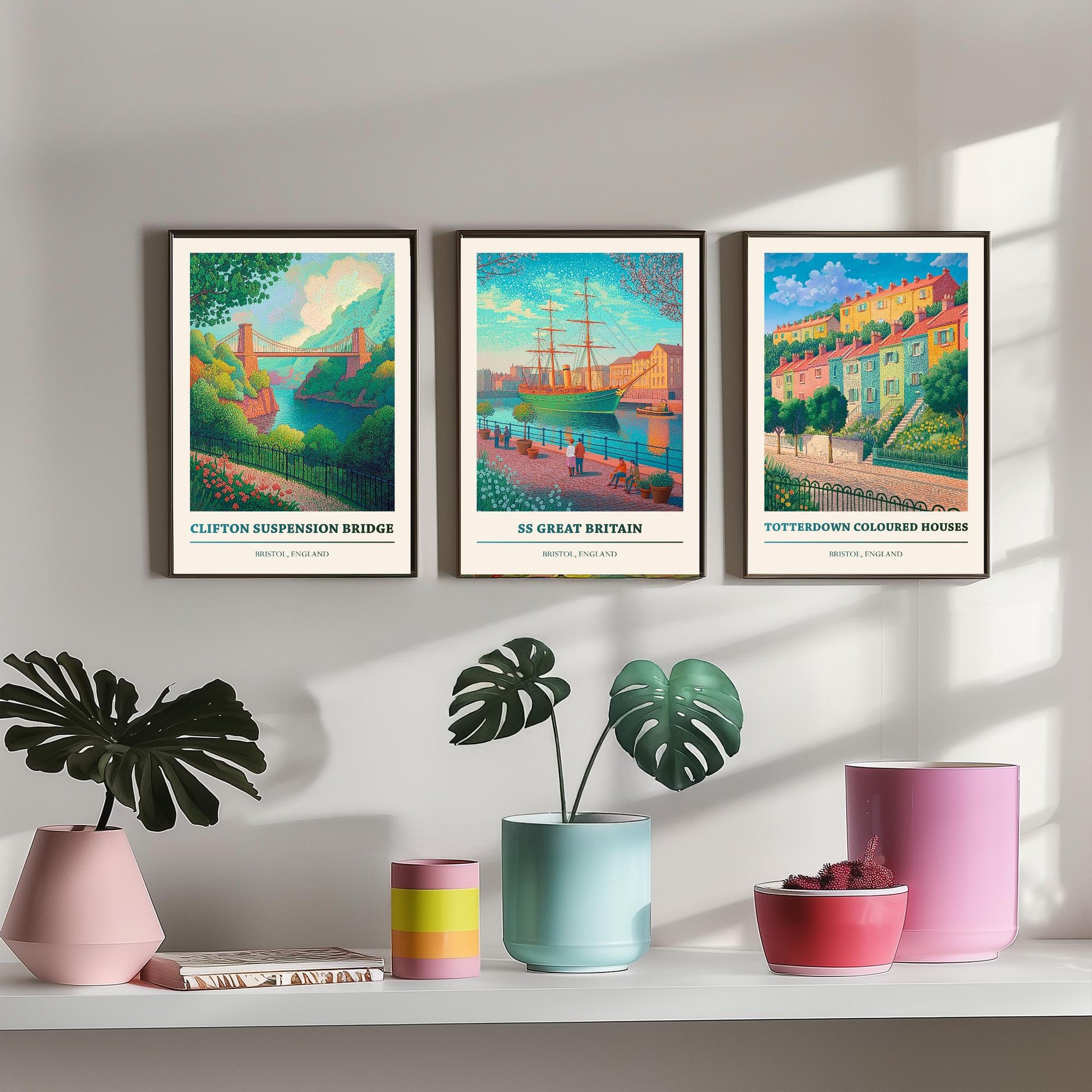 Bristol England Set of Three Prints | Clifton Suspension Bridge SS Great Britain Totterdown | Colourful Travel Painting Poster Art