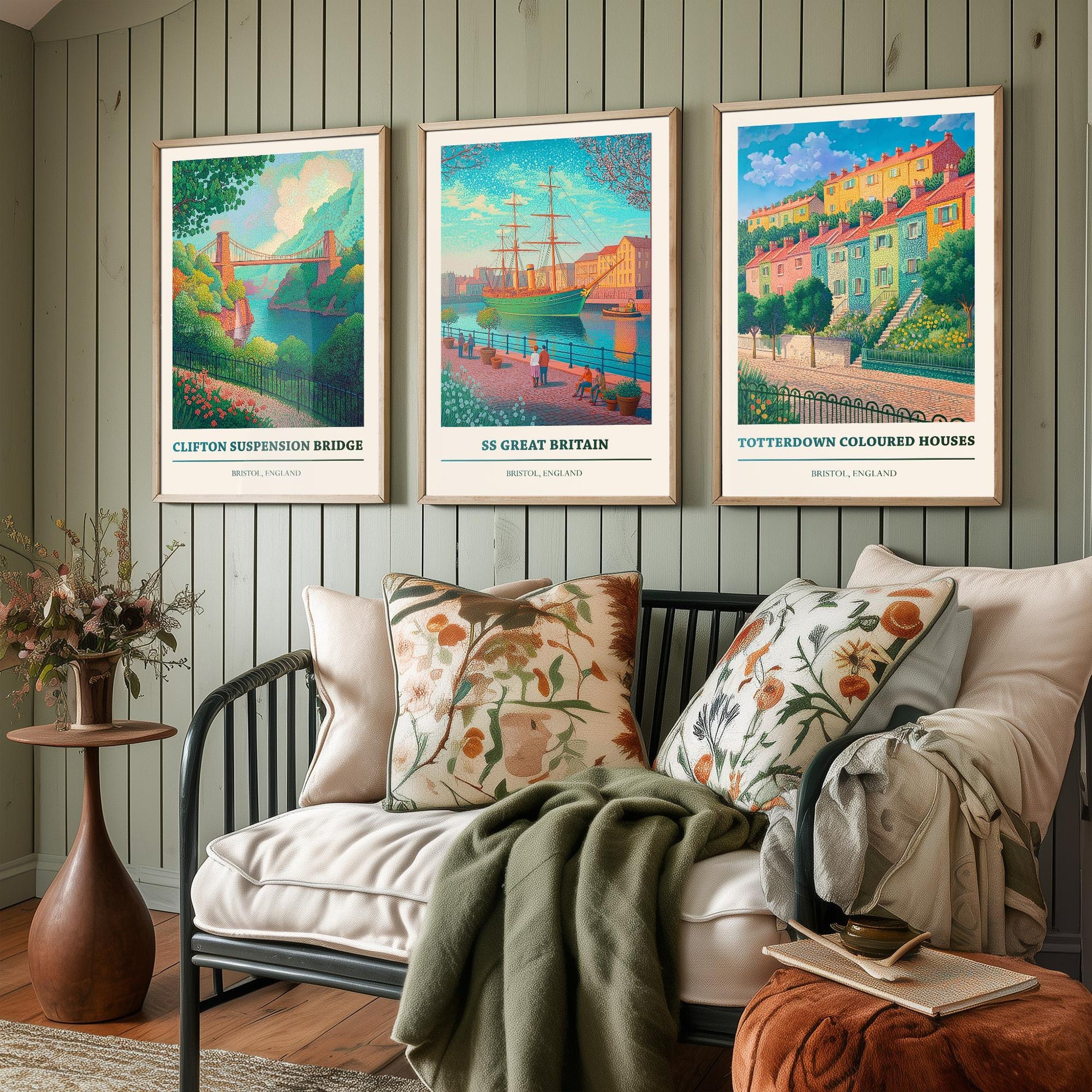 Bristol England Set of Three Prints | Clifton Suspension Bridge SS Great Britain Totterdown | Colourful Travel Painting Poster Art