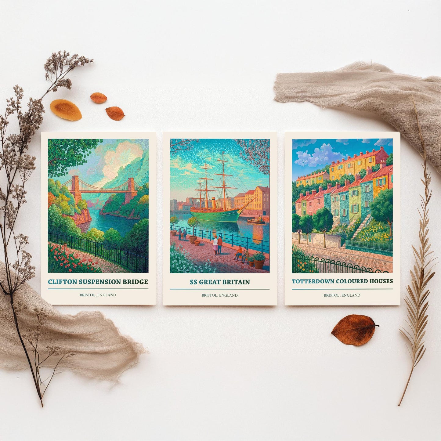 Bristol England Set of Three Prints | Clifton Suspension Bridge SS Great Britain Totterdown | Colourful Travel Painting Poster Art