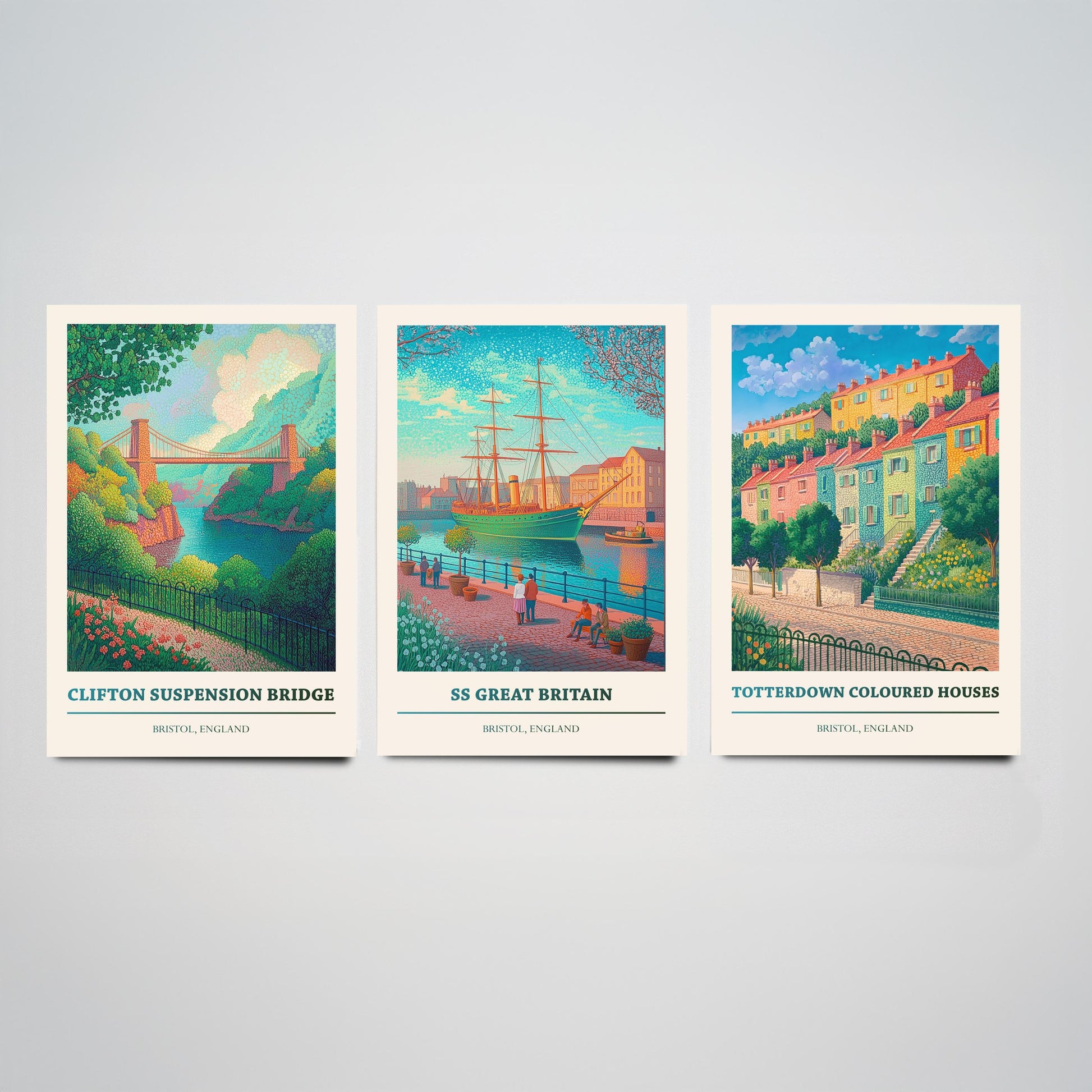 Bristol England Set of Three Prints | Clifton Suspension Bridge SS Great Britain Totterdown | Colourful Travel Painting Poster Art
