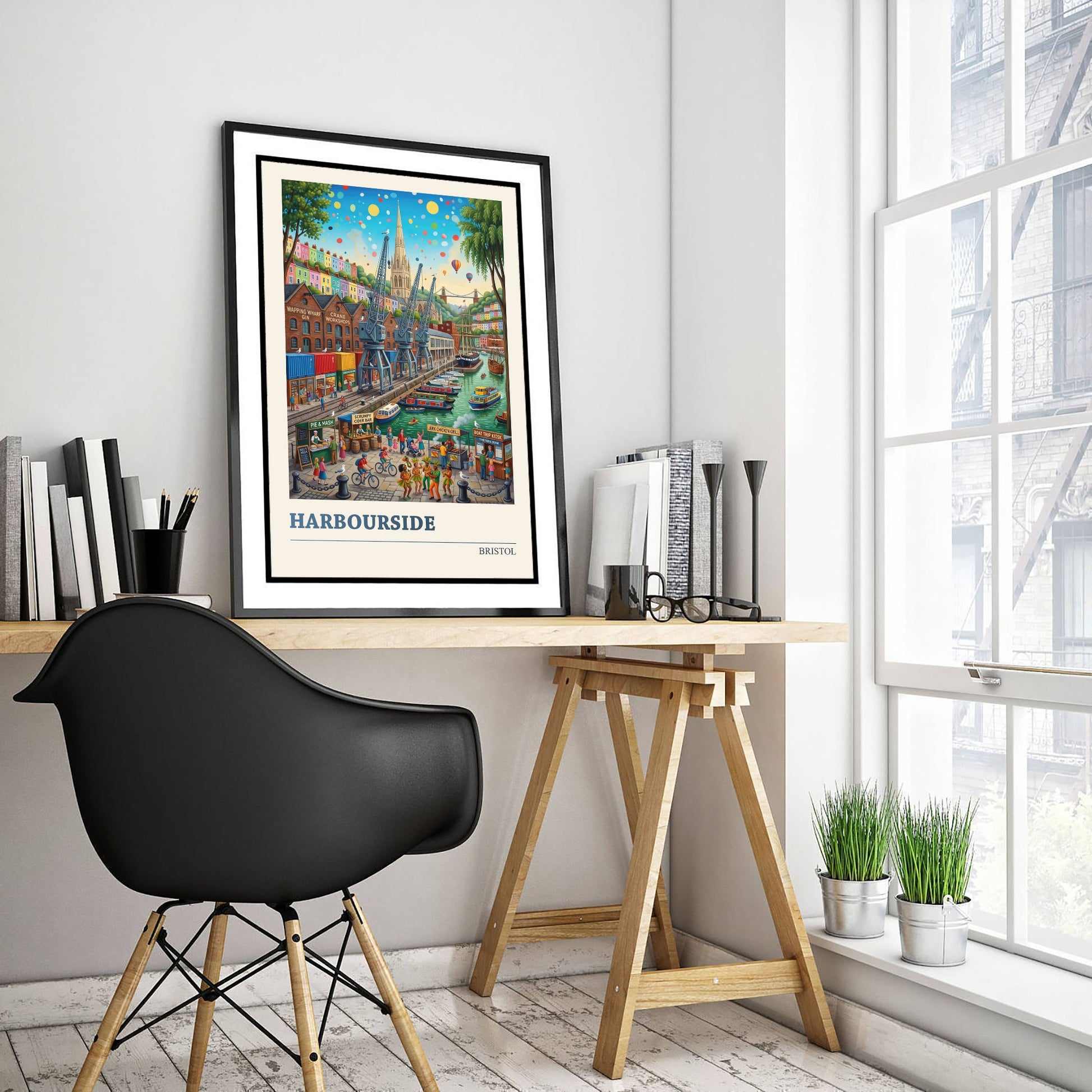 Bristol Harbourside Travel Poster - Folk Art Illustration - Clifton Suspension Bridge and Docks Art Print - Hot Air Balloons 1/3