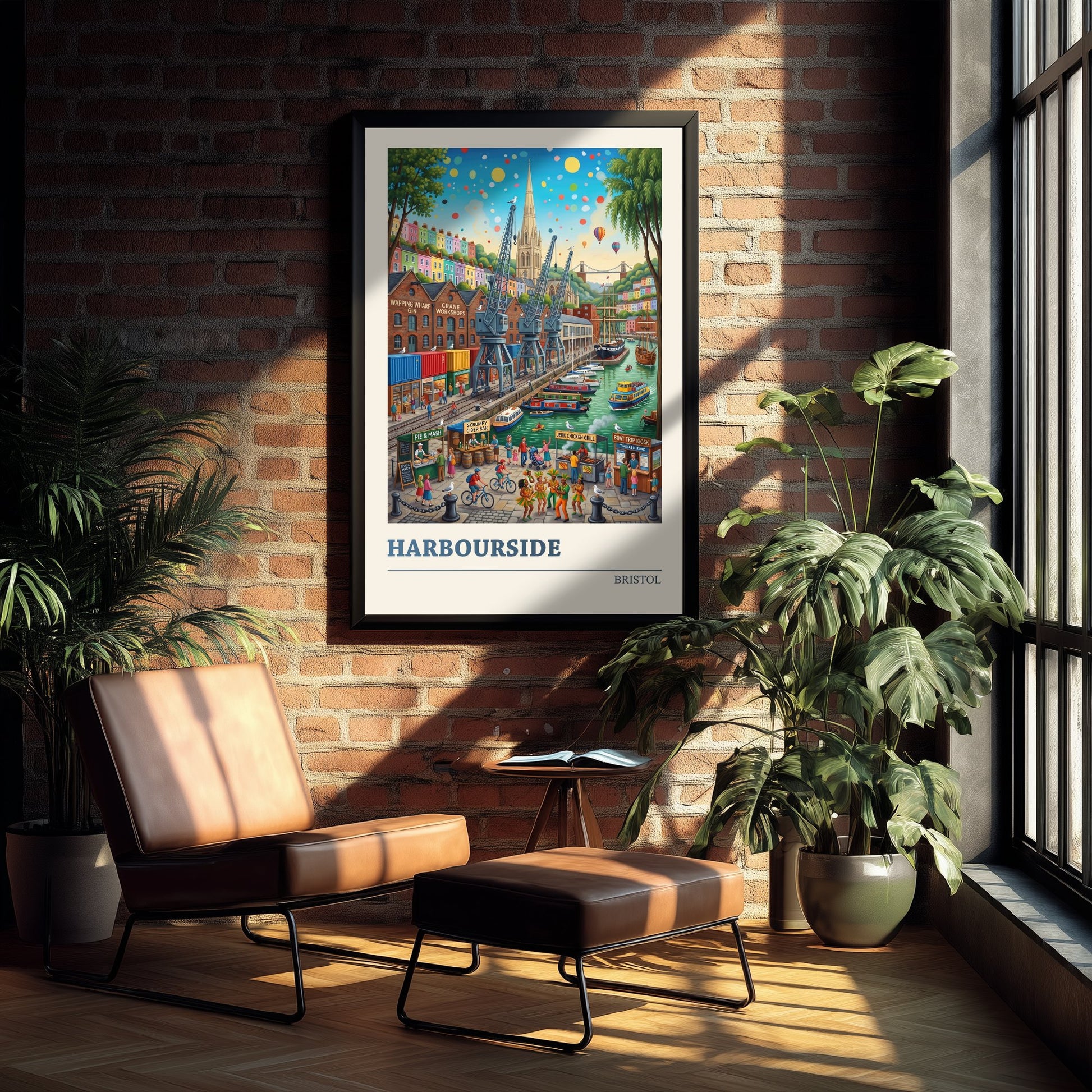 Bristol Harbourside Travel Poster - Folk Art Illustration - Clifton Suspension Bridge and Docks Art Print - Hot Air Balloons 1/3