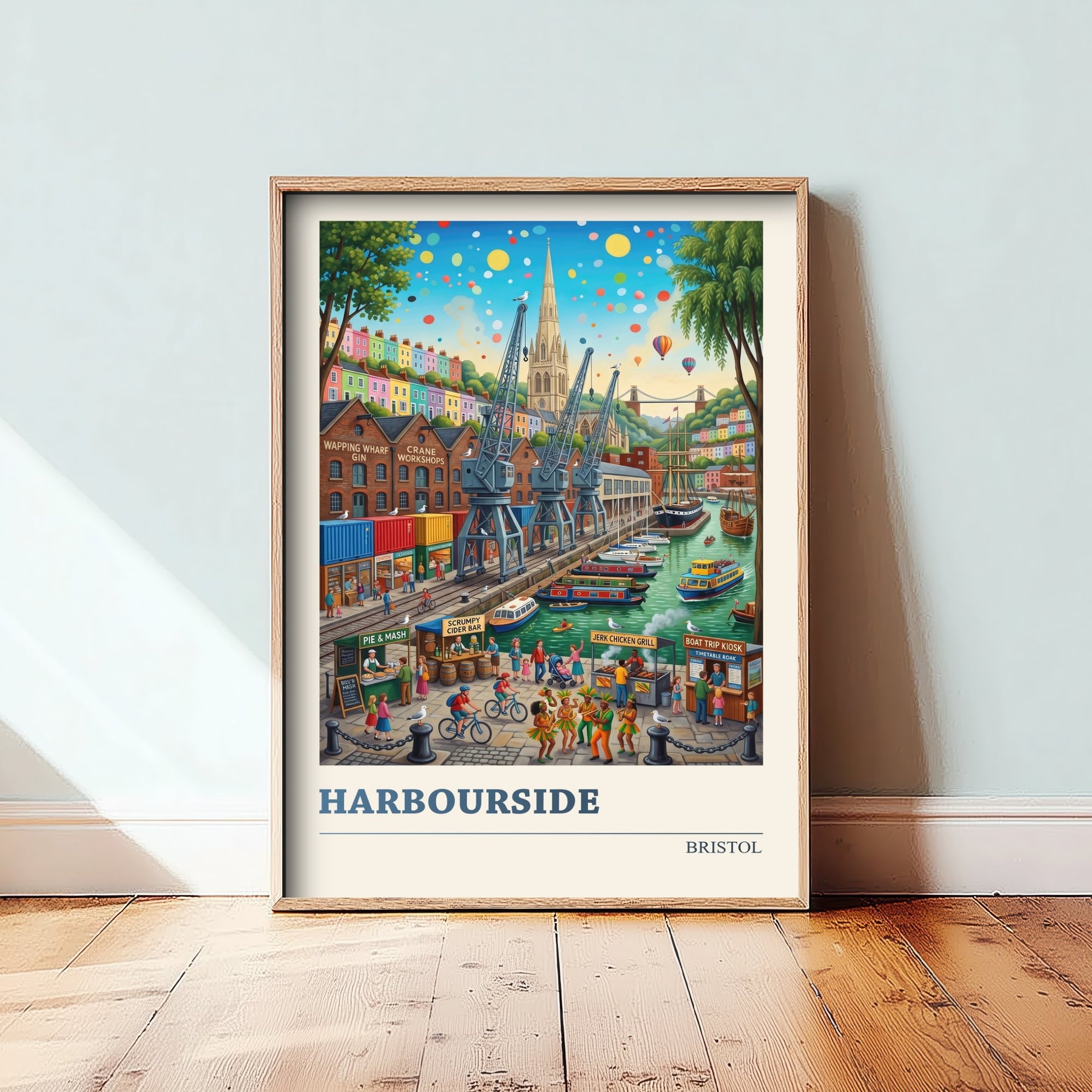 Bristol Harbourside Travel Poster - Folk Art Illustration - Clifton Suspension Bridge and Docks Art Print - Hot Air Balloons 1/3