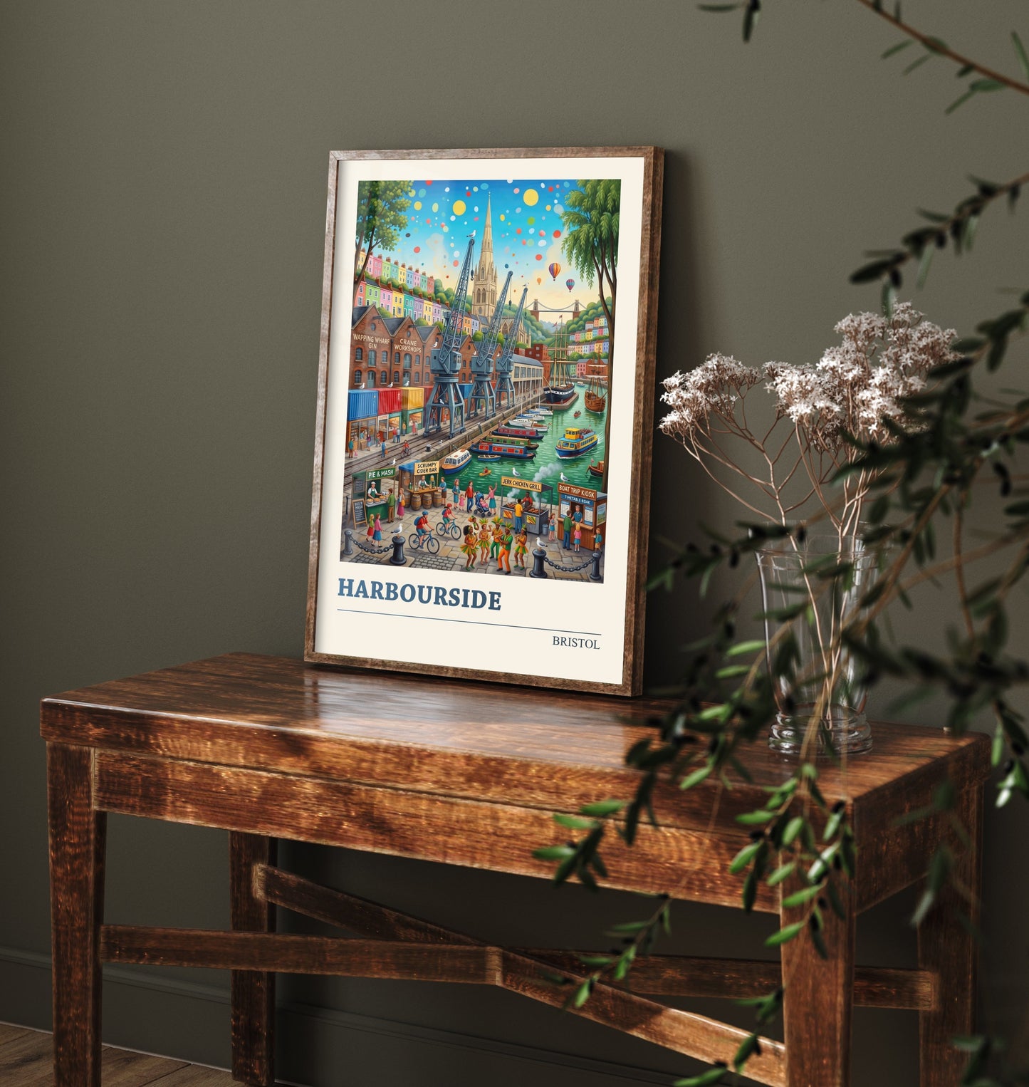 Bristol Harbourside Travel Poster - Folk Art Illustration - Clifton Suspension Bridge and Docks Art Print - Hot Air Balloons 1/3