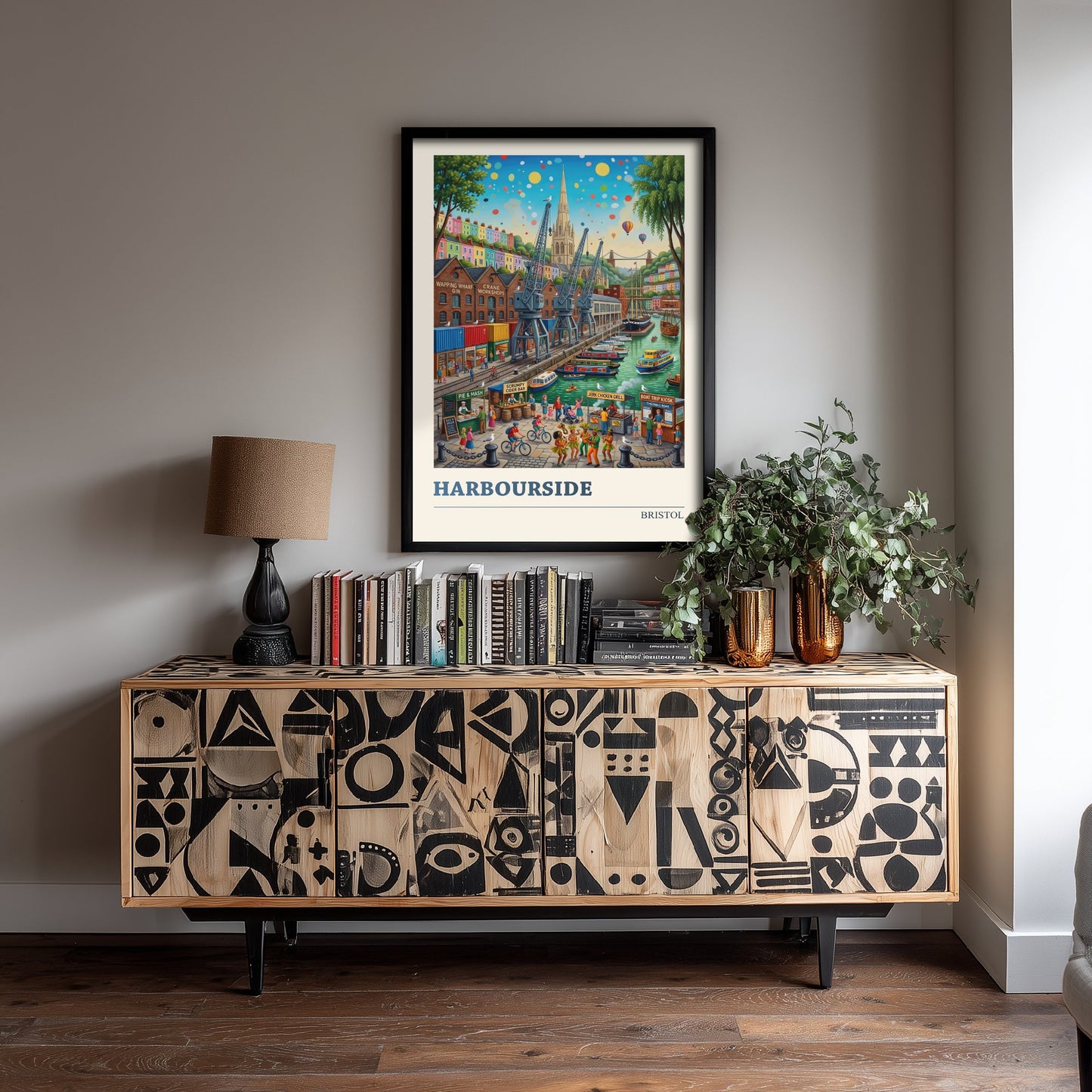 Bristol Harbourside Travel Poster - Folk Art Illustration - Clifton Suspension Bridge and Docks Art Print - Hot Air Balloons 1/3