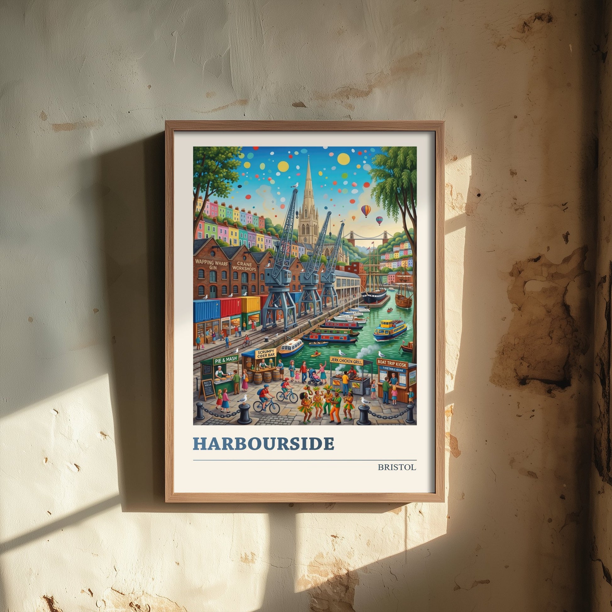 Bristol Harbourside Travel Poster - Folk Art Illustration - Clifton Suspension Bridge and Docks Art Print - Hot Air Balloons 1/3