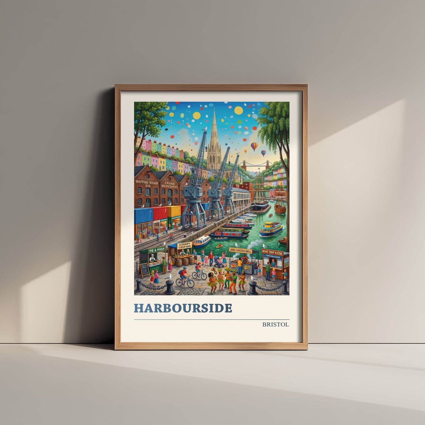 Bristol Harbourside Travel Poster - Folk Art Illustration - Clifton Suspension Bridge and Docks Art Print - Hot Air Balloons 1/3