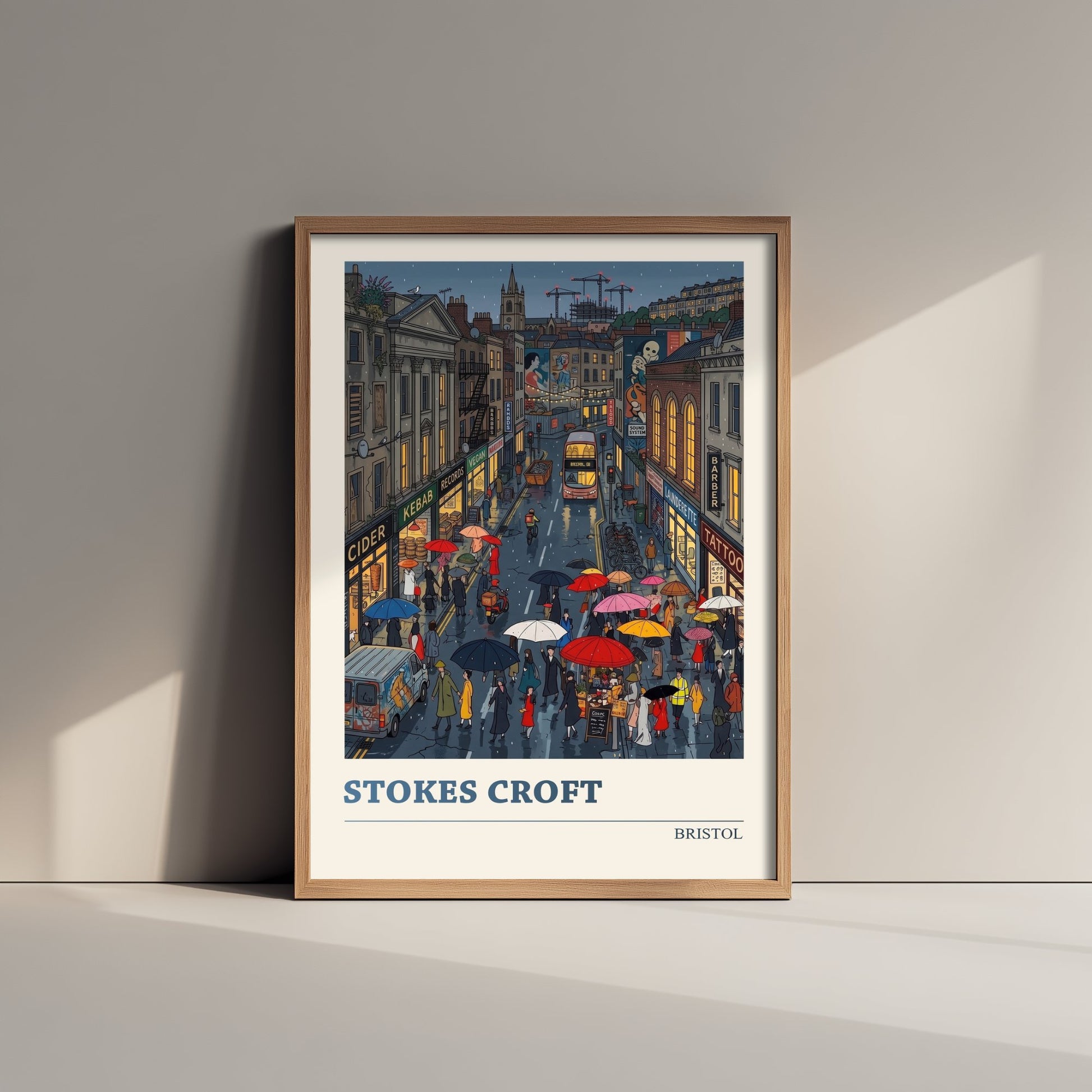 Stokes Croft Bristol Travel Poster - Rainy Street Folk Art Illustration - Umbrellas and Street Art Print 2/3