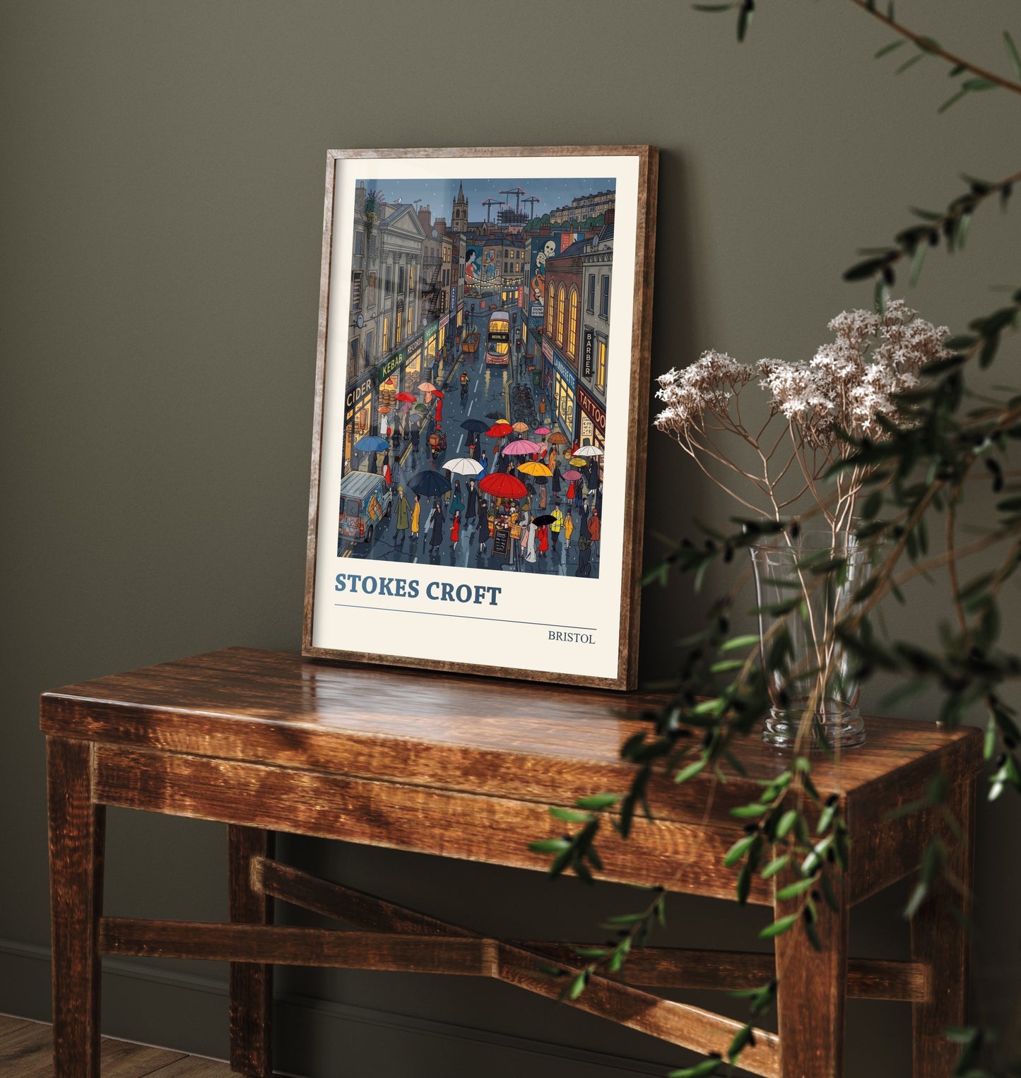 Stokes Croft Bristol Travel Poster - Rainy Street Folk Art Illustration - Umbrellas and Street Art Print 2/3