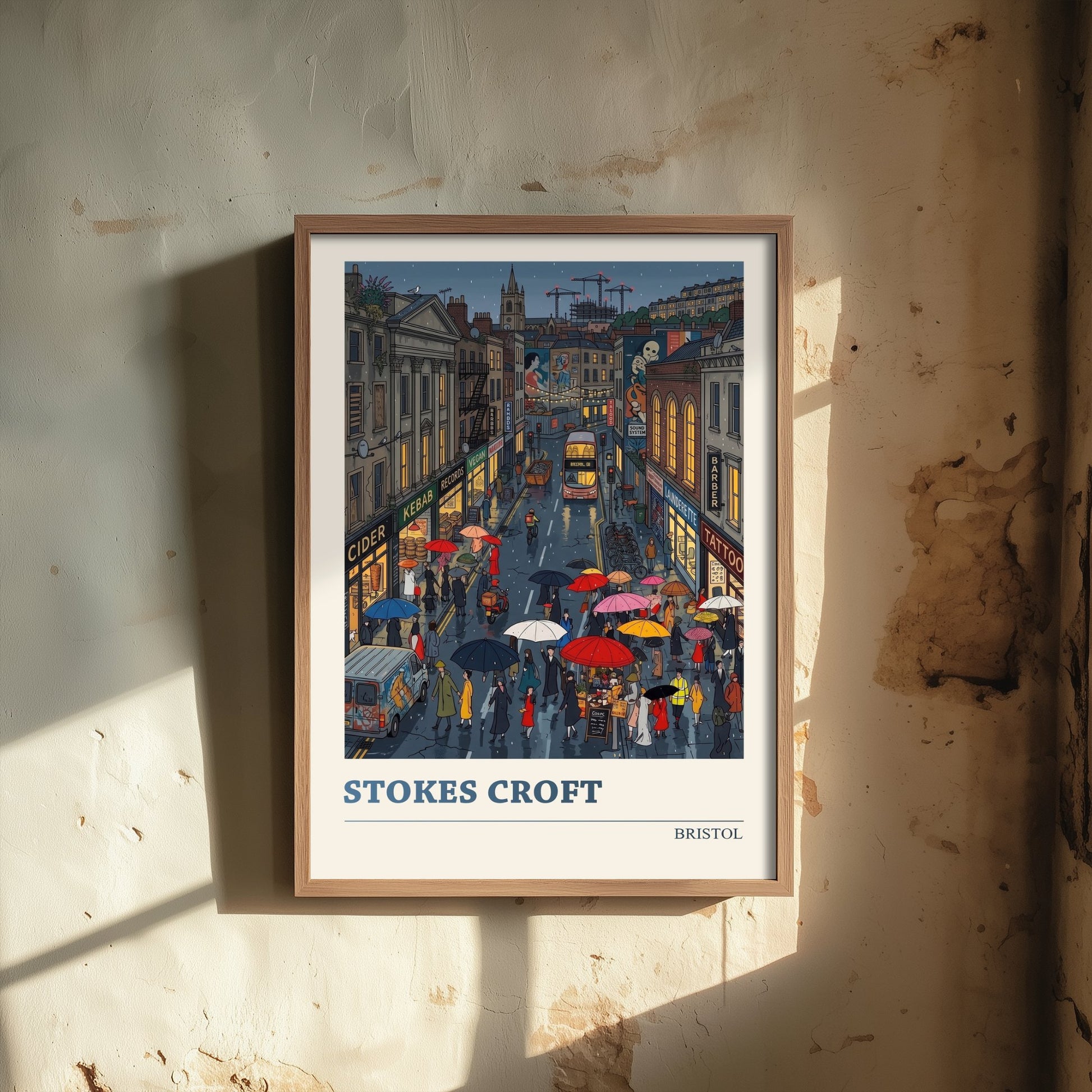 Stokes Croft Bristol Travel Poster - Rainy Street Folk Art Illustration - Umbrellas and Street Art Print 2/3