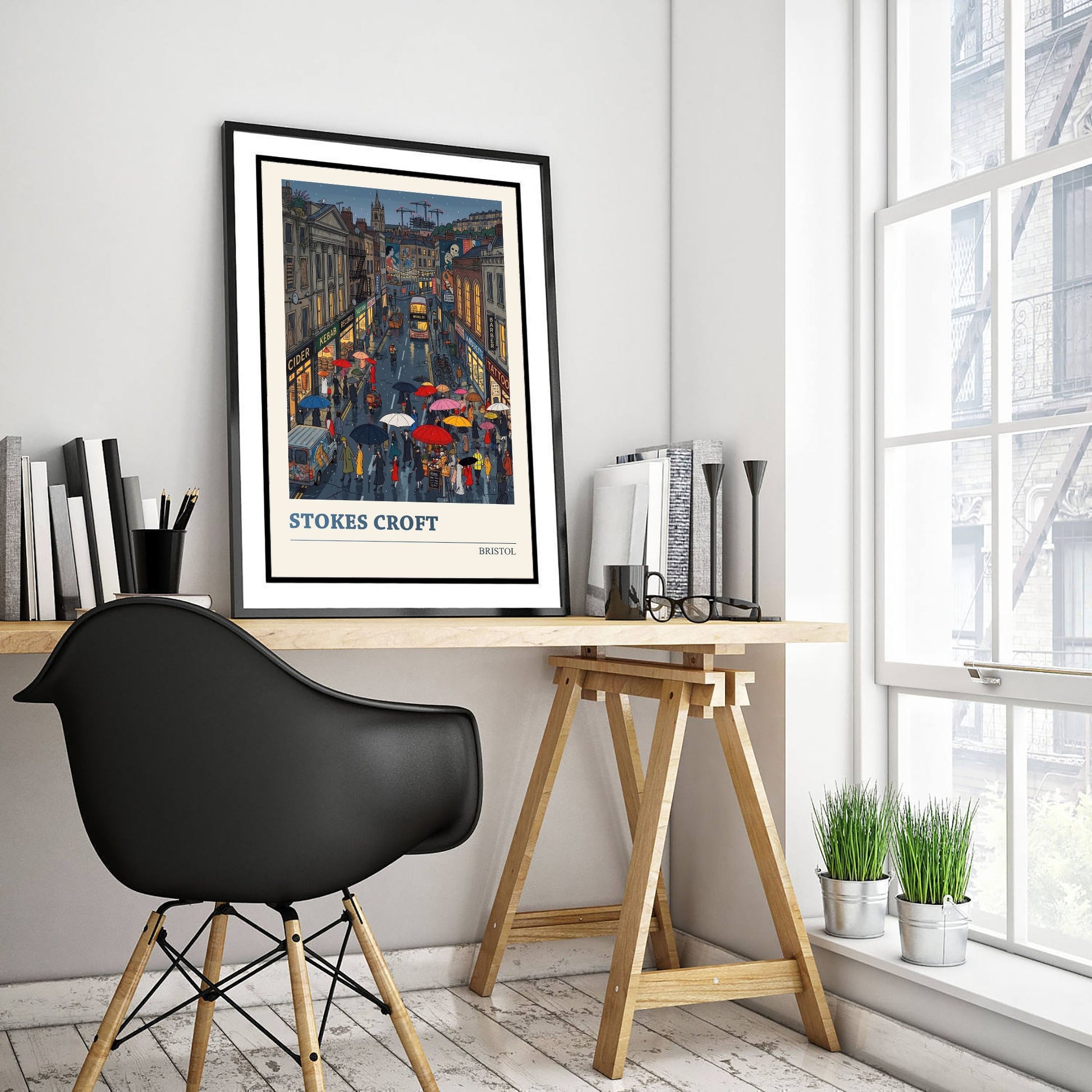 Stokes Croft Bristol Travel Poster - Rainy Street Folk Art Illustration - Umbrellas and Street Art Print 2/3
