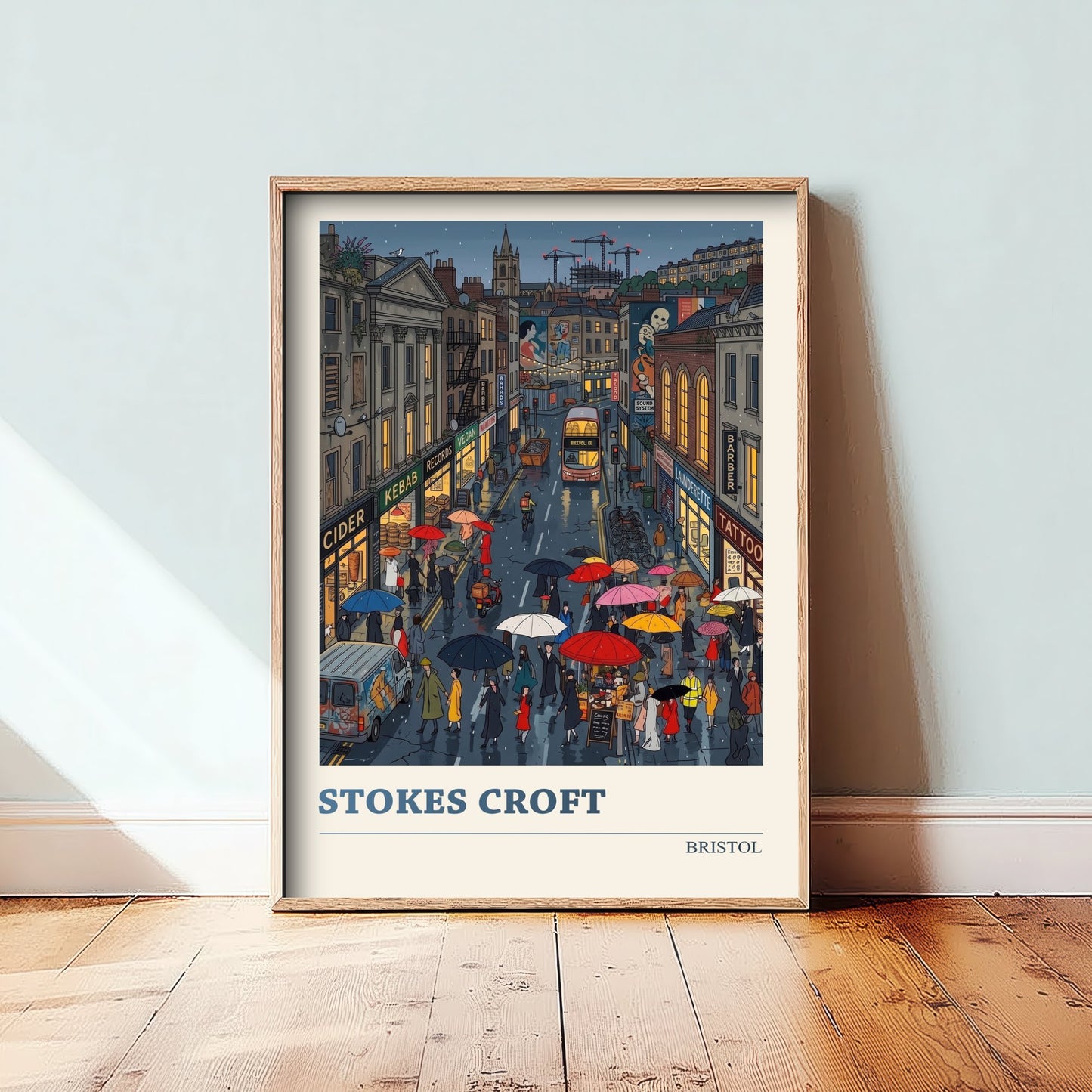 Stokes Croft Bristol Travel Poster - Rainy Street Folk Art Illustration - Umbrellas and Street Art Print 2/3