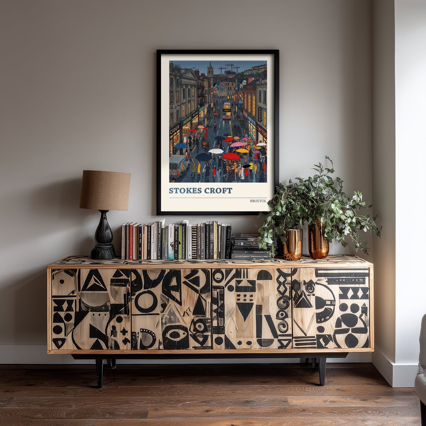 Stokes Croft Bristol Travel Poster - Rainy Street Folk Art Illustration - Umbrellas and Street Art Print 2/3