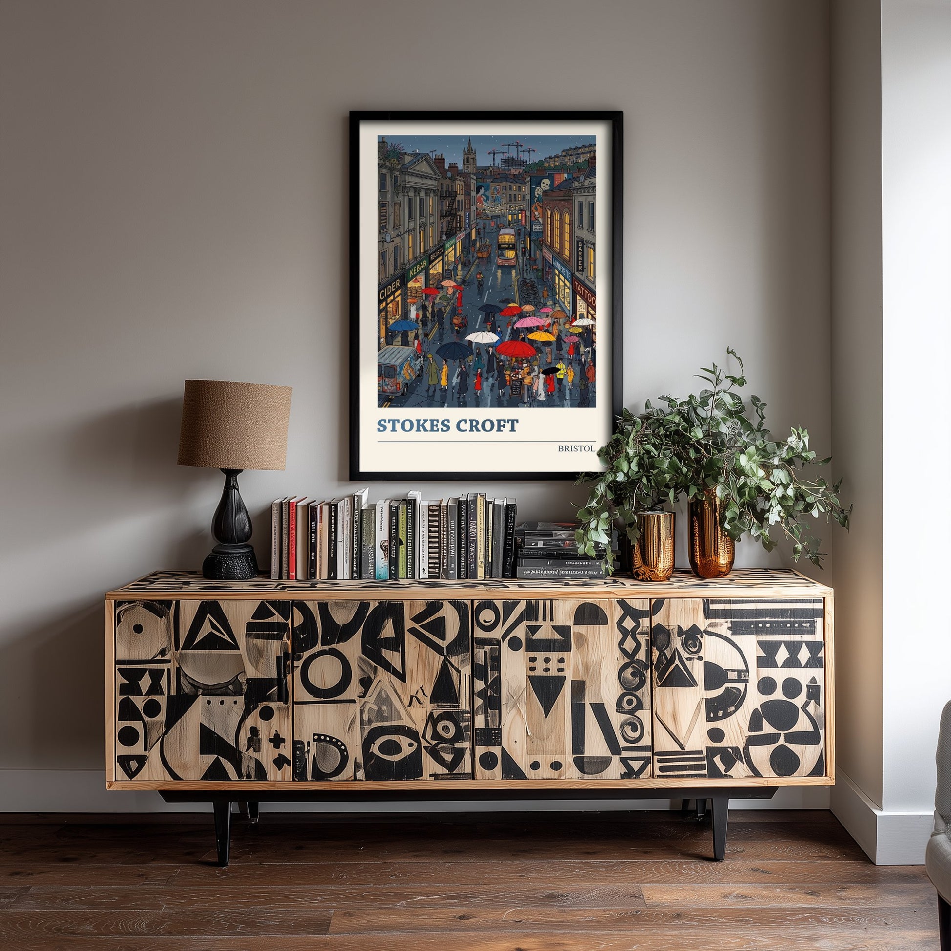 Stokes Croft Bristol Travel Poster - Rainy Street Folk Art Illustration - Umbrellas and Street Art Print 2/3