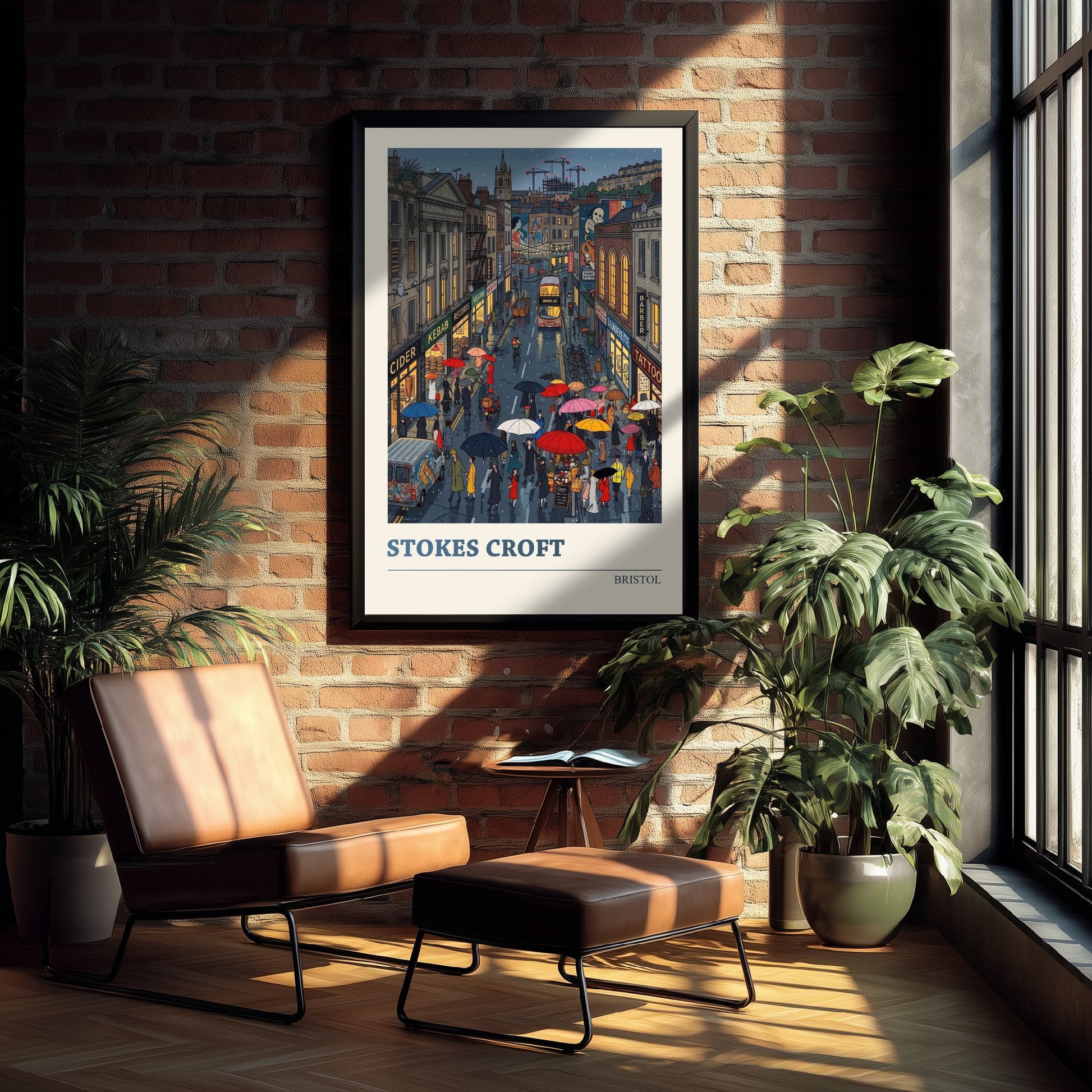 Stokes Croft Bristol Travel Poster - Rainy Street Folk Art Illustration - Umbrellas and Street Art Print 2/3