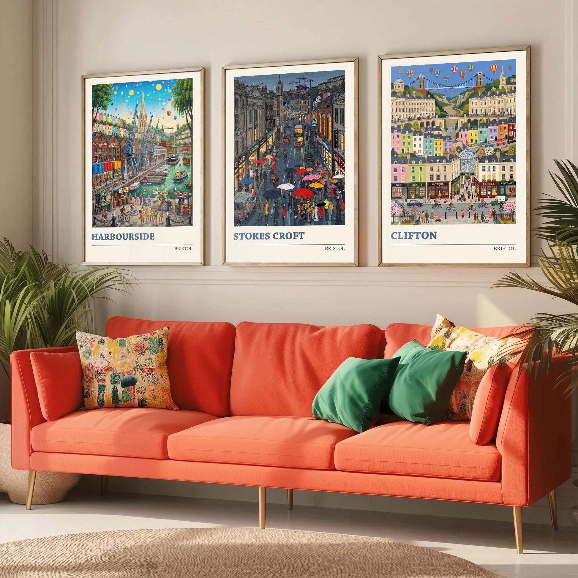 Bristol Set of Three Art Prints - Harbourside, Stokes Croft, Clifton - 3 Colourful Folk Illustration Travel Posters - City Painting
