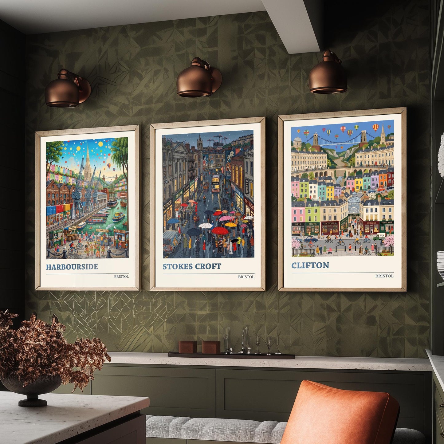Bristol Set of Three Art Prints - Harbourside, Stokes Croft, Clifton - 3 Colourful Folk Illustration Travel Posters - City Painting