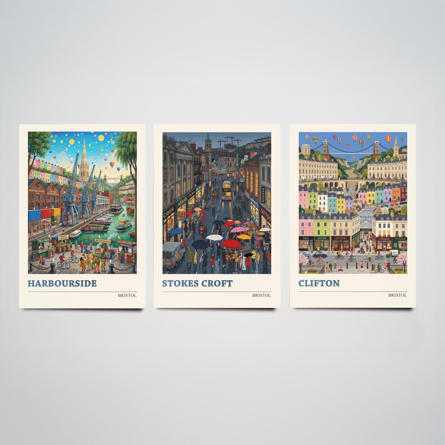 Bristol Set of Three Art Prints - Harbourside, Stokes Croft, Clifton - 3 Colourful Folk Illustration Travel Posters - City Painting