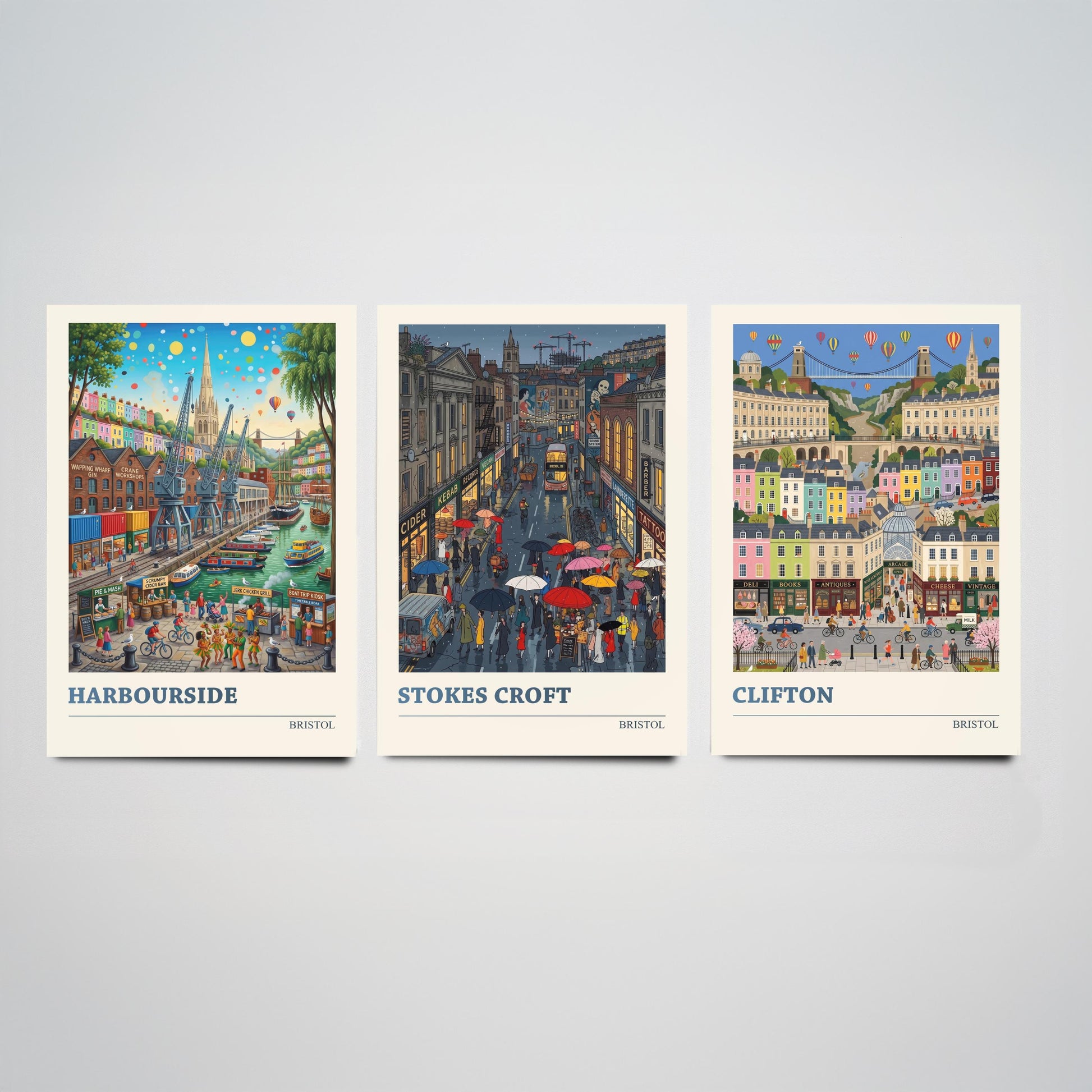 Bristol Set of Three Art Prints - Harbourside, Stokes Croft, Clifton - 3 Colourful Folk Illustration Travel Posters - City Painting