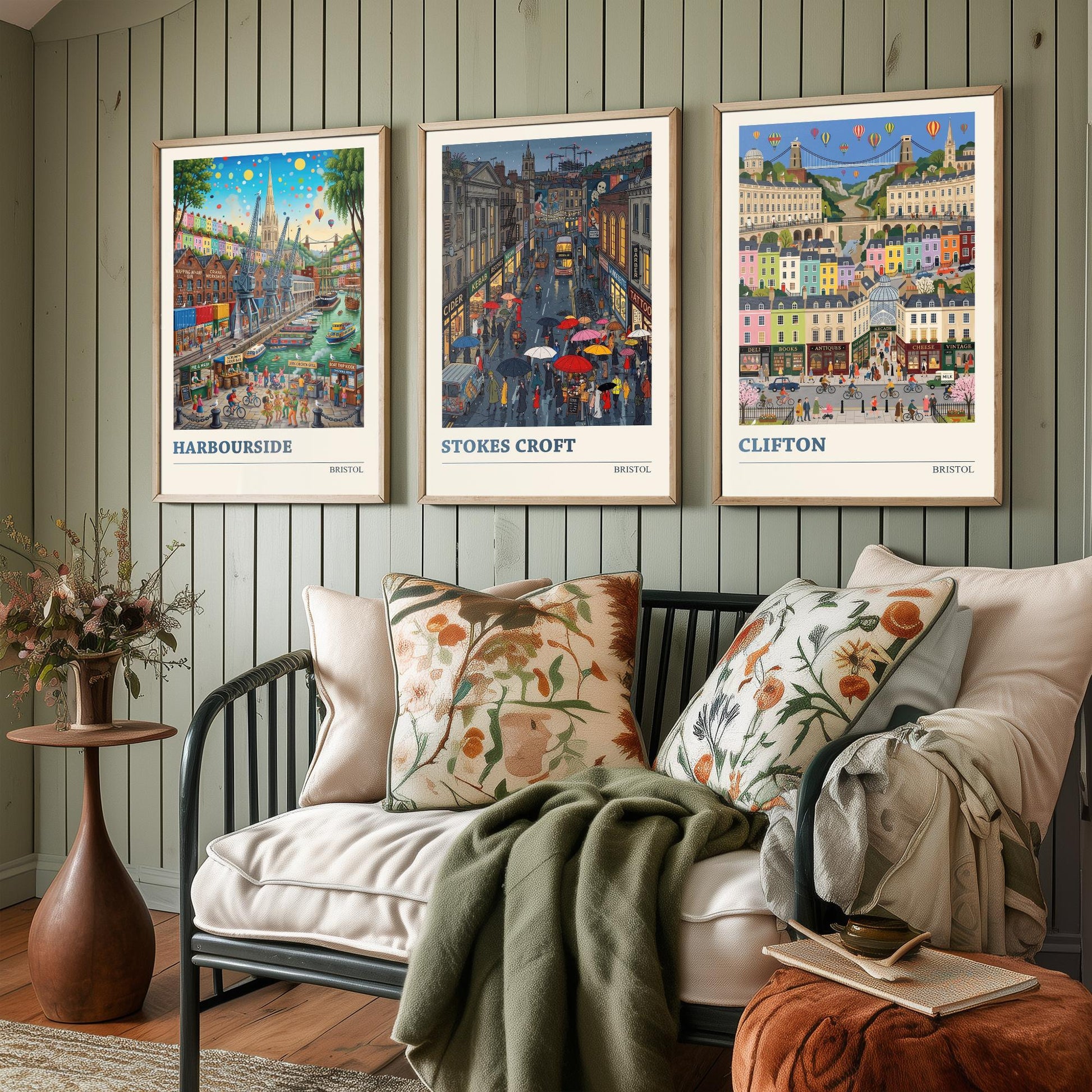 Bristol Set of Three Art Prints - Harbourside, Stokes Croft, Clifton - 3 Colourful Folk Illustration Travel Posters - City Painting