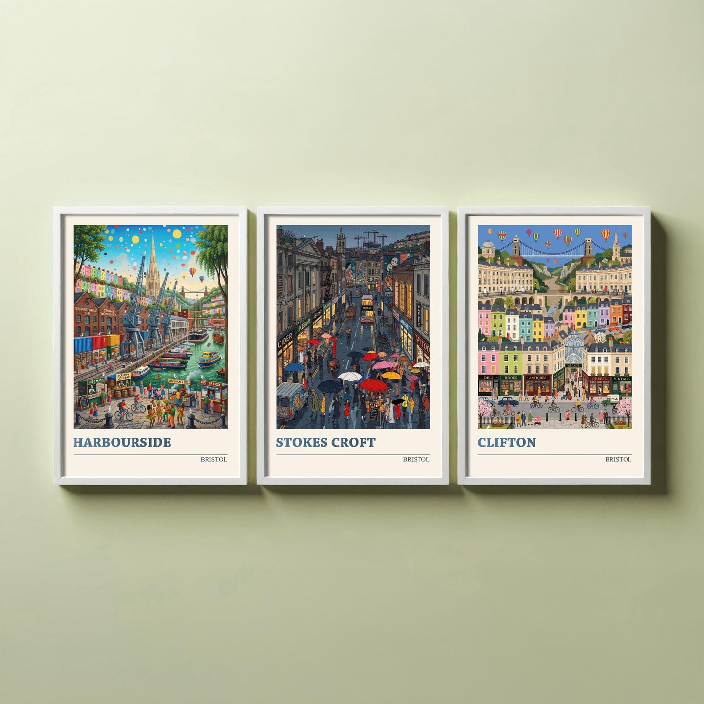Bristol Set of Three Art Prints - Harbourside, Stokes Croft, Clifton - 3 Colourful Folk Illustration Travel Posters - City Painting