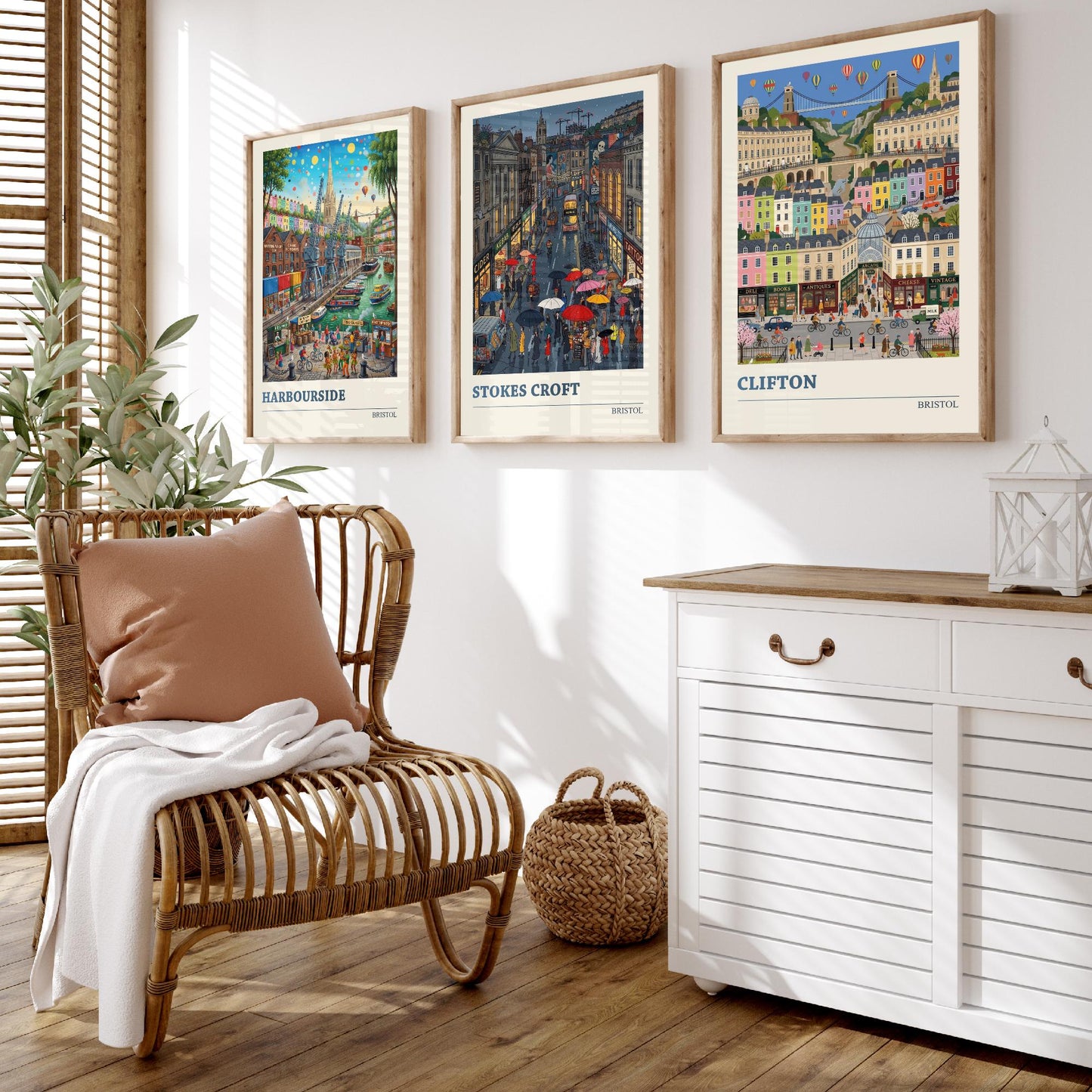 Bristol Set of Three Art Prints - Harbourside, Stokes Croft, Clifton - 3 Colourful Folk Illustration Travel Posters - City Painting