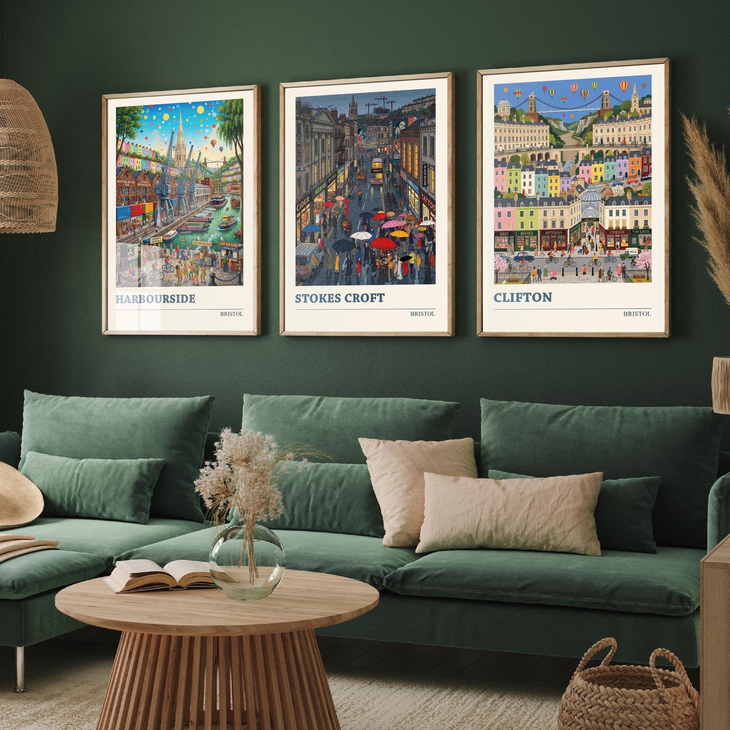 Bristol Set of Three Art Prints - Harbourside, Stokes Croft, Clifton - 3 Colourful Folk Illustration Travel Posters - City Painting