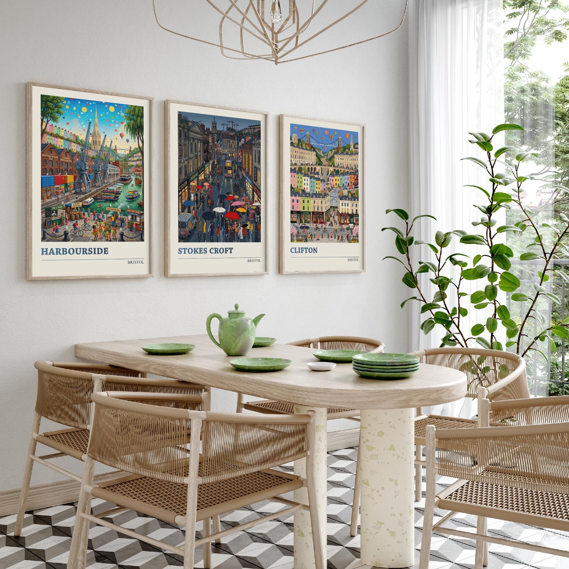 Bristol Set of Three Art Prints - Harbourside, Stokes Croft, Clifton - 3 Colourful Folk Illustration Travel Posters - City Painting