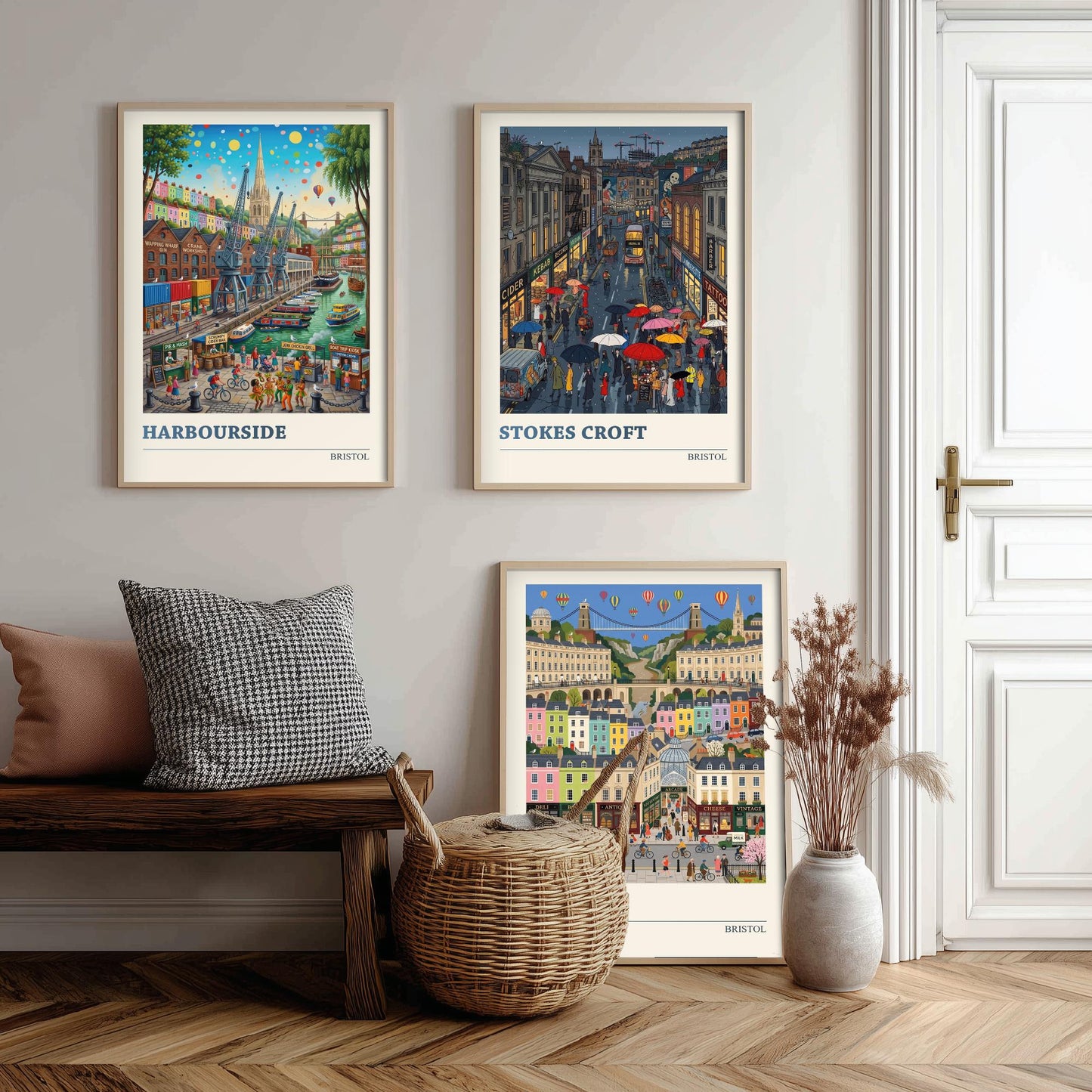 Bristol Set of Three Art Prints - Harbourside, Stokes Croft, Clifton - 3 Colourful Folk Illustration Travel Posters - City Painting