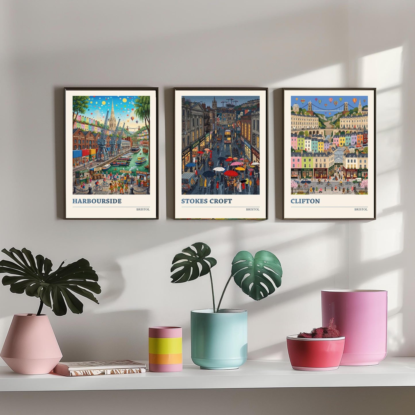 Bristol Set of Three Art Prints - Harbourside, Stokes Croft, Clifton - 3 Colourful Folk Illustration Travel Posters - City Painting