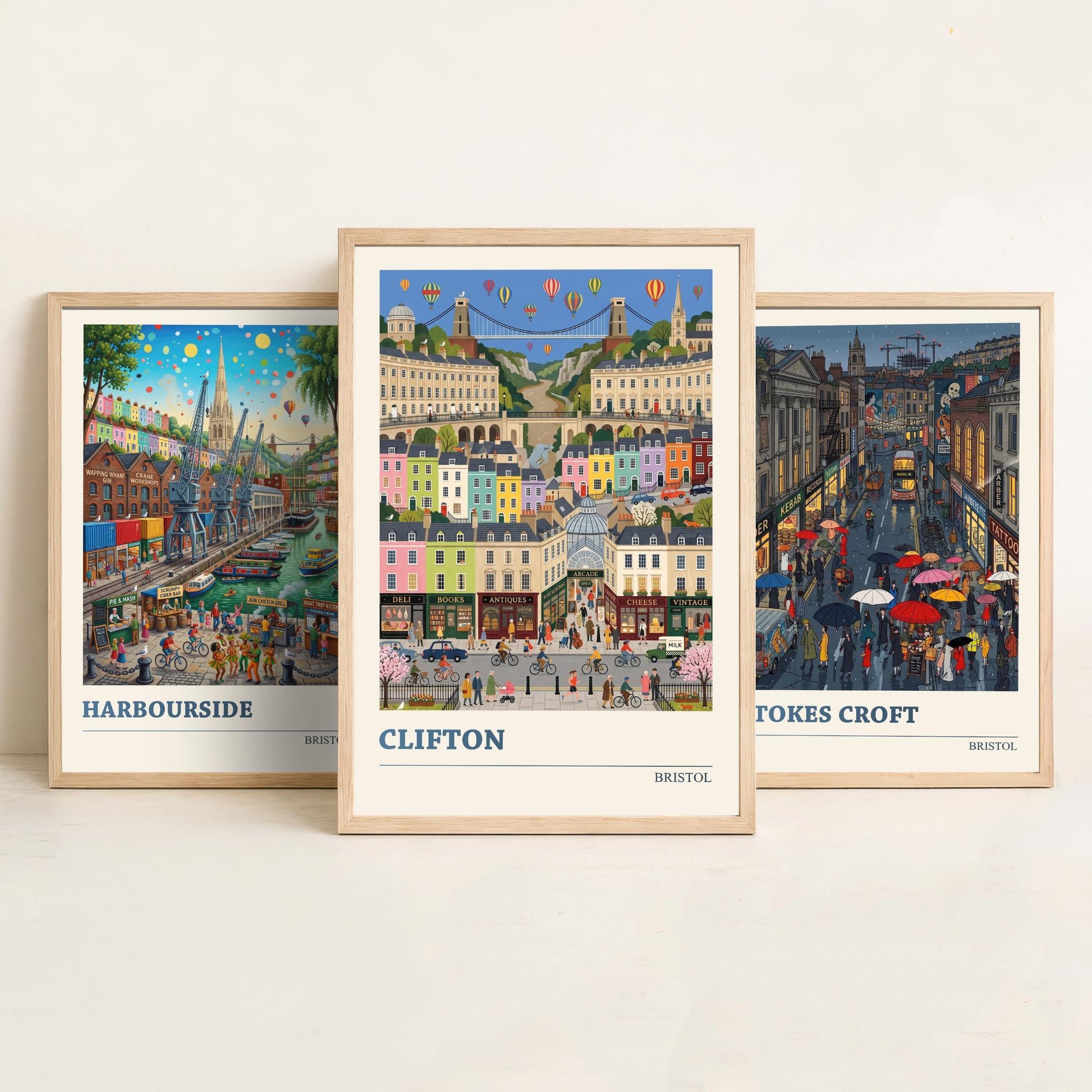 Bristol Set of Three Art Prints - Harbourside, Stokes Croft, Clifton - 3 Colourful Folk Illustration Travel Posters - City Painting