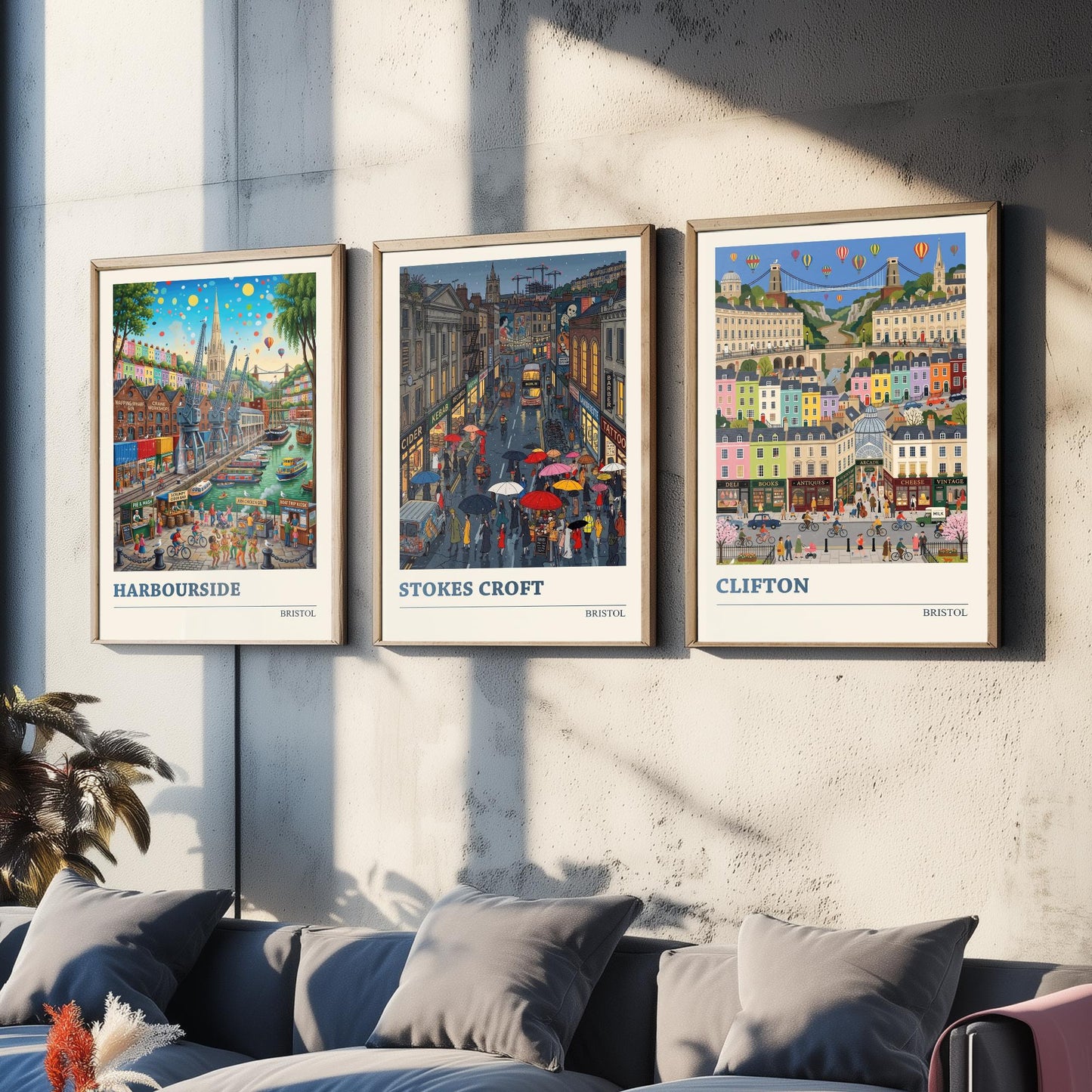 Bristol Set of Three Art Prints - Harbourside, Stokes Croft, Clifton - 3 Colourful Folk Illustration Travel Posters - City Painting