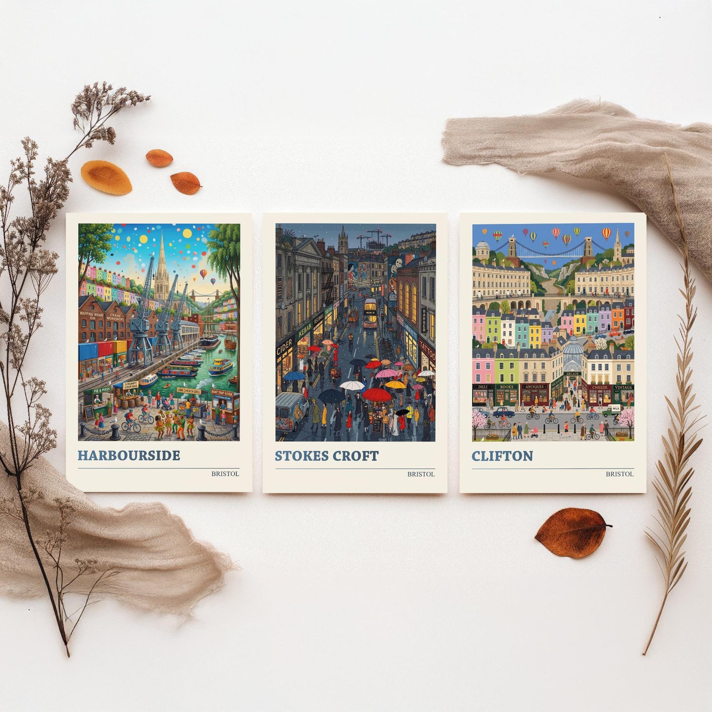 Bristol Set of Three Art Prints - Harbourside, Stokes Croft, Clifton - 3 Colourful Folk Illustration Travel Posters - City Painting