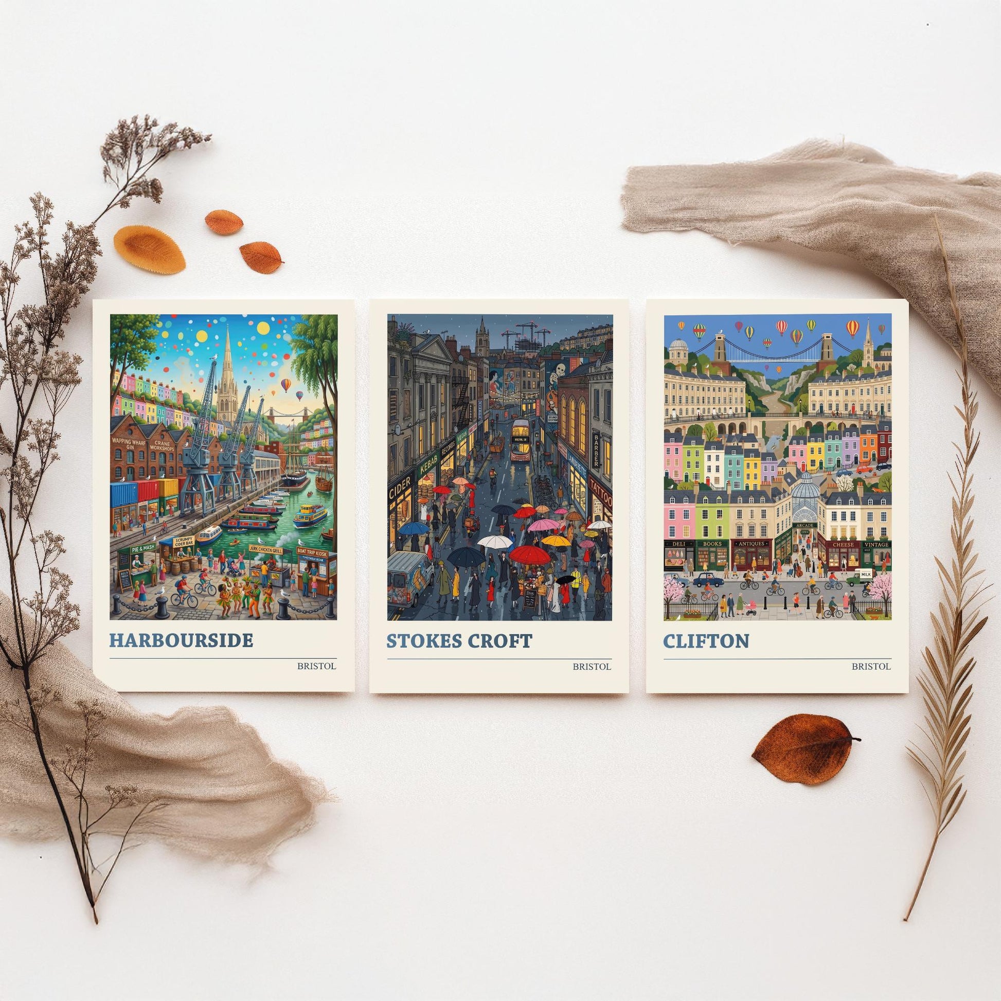 Bristol Set of Three Art Prints - Harbourside, Stokes Croft, Clifton - 3 Colourful Folk Illustration Travel Posters - City Painting