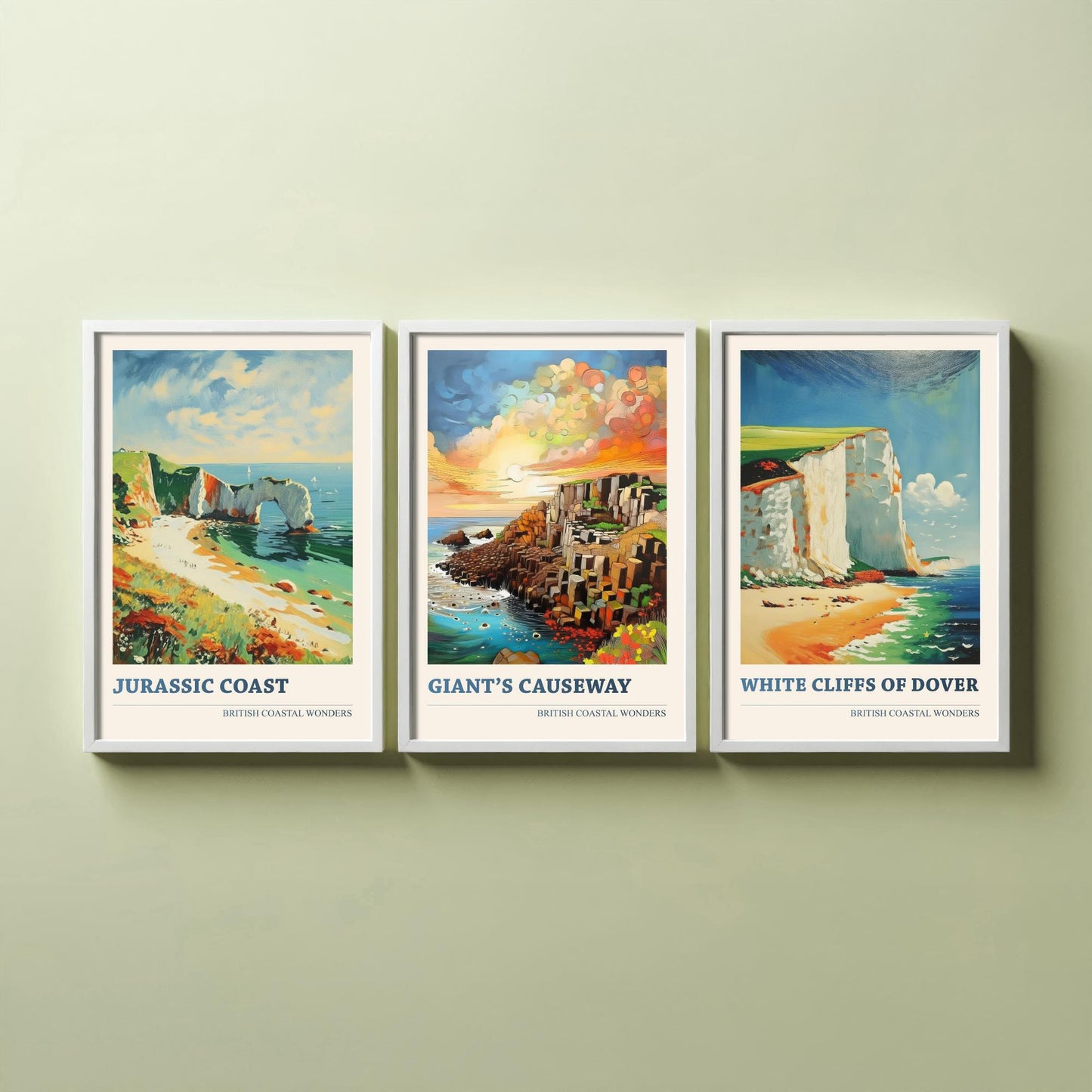 British Coastal Wonders Set of Three Art Prints - Jurassic Coast, Giants Causeway, White Cliffs of Dover - Coastal Painting Poster